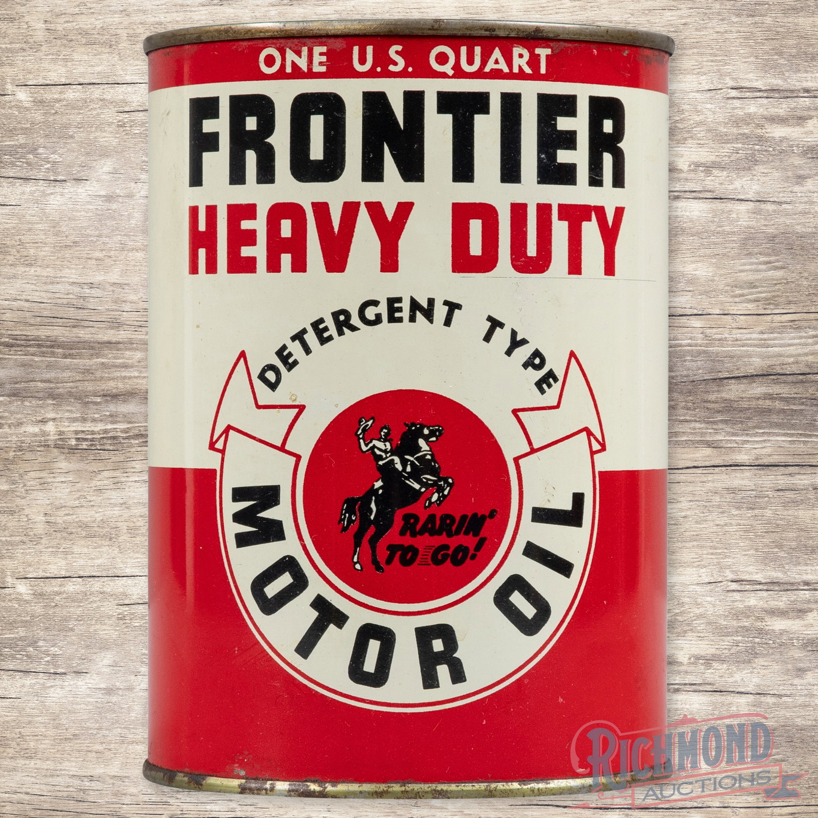 Frontier Heavy Duty Motor Oil Metal 1 Quart Can w/ Horse & Rider: Empty metal one quart can has excellent color and shine. The display is clean with light wear along the lids. The sides have an area of scuffs, a few tiny paint chips and a rim dent on the lower edge.