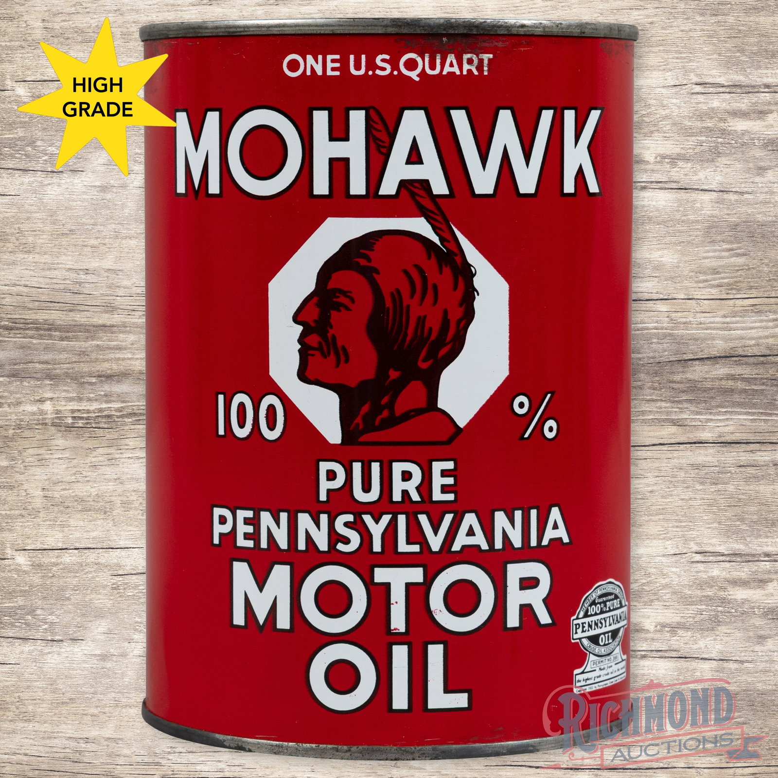 NOS Mohawk 100% Pure Pennsylvania Motor Oil Quart Can FULL w/ Native American: NOS (new old stock) full metal one quart can has excellent color and shine. The field is clean. The right edge has a vertical pressure line with a small indentation. The perimeter has a small dark are