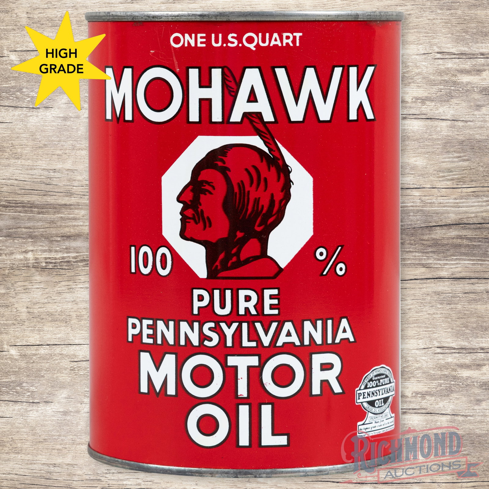 NOS Mohawk 100% Pure Pennsylvania Motor Oil Quart Can w/ Native American FULL: NOS (new old stock) full metal one quart can has excellent color and shine. The field is clean. The lower lettering has a few tiny factory blemishes and the upper edge has light wear with tiny scratch