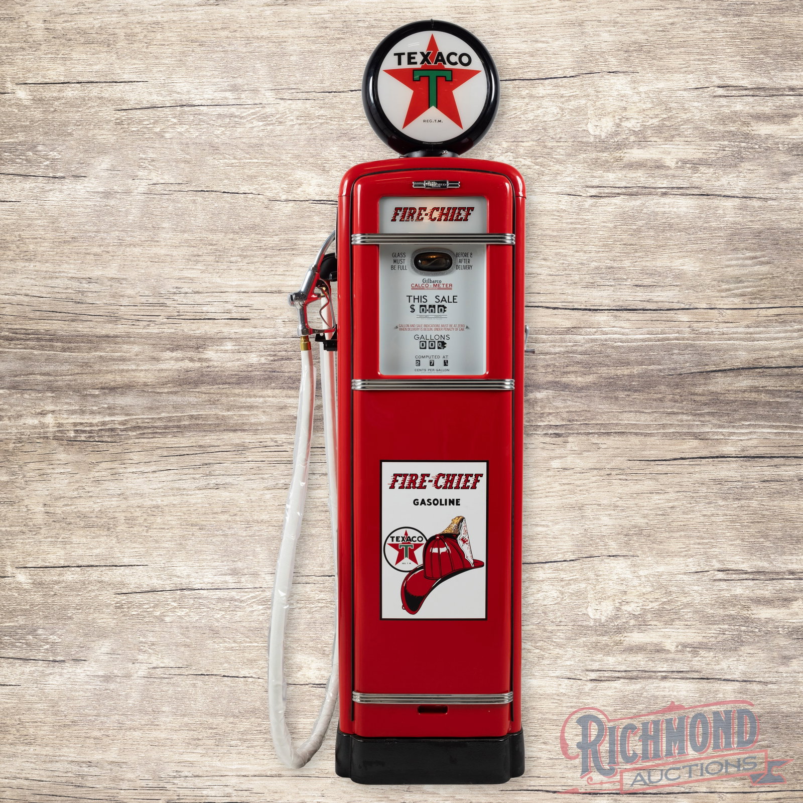 Gilbarco Calco-Meter Computing Gas Pump Restored Texaco Fire Chief Gasoline: Gilbarco Calco-Meter computing pump has been professionally restored. The pump features vibrant red and white paint with high gloss. It includes detailed appointments, Fire Chief applied decals on the