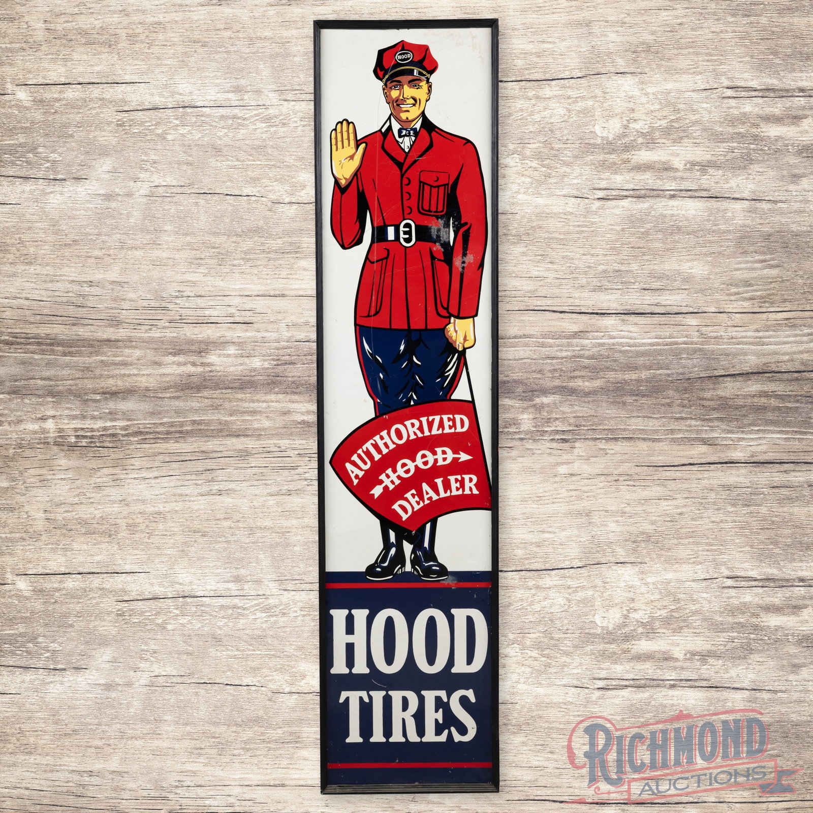 Hood Tires Authorized Dealer 6.5' Single Sided Tin Sign w/ Hood Man: SST (single sided tin) sign with a wooden frame has excellent color and shine. The fields have fine scratches with small paint chips and areas of oxidation in the right fields. The outer fields and pe
