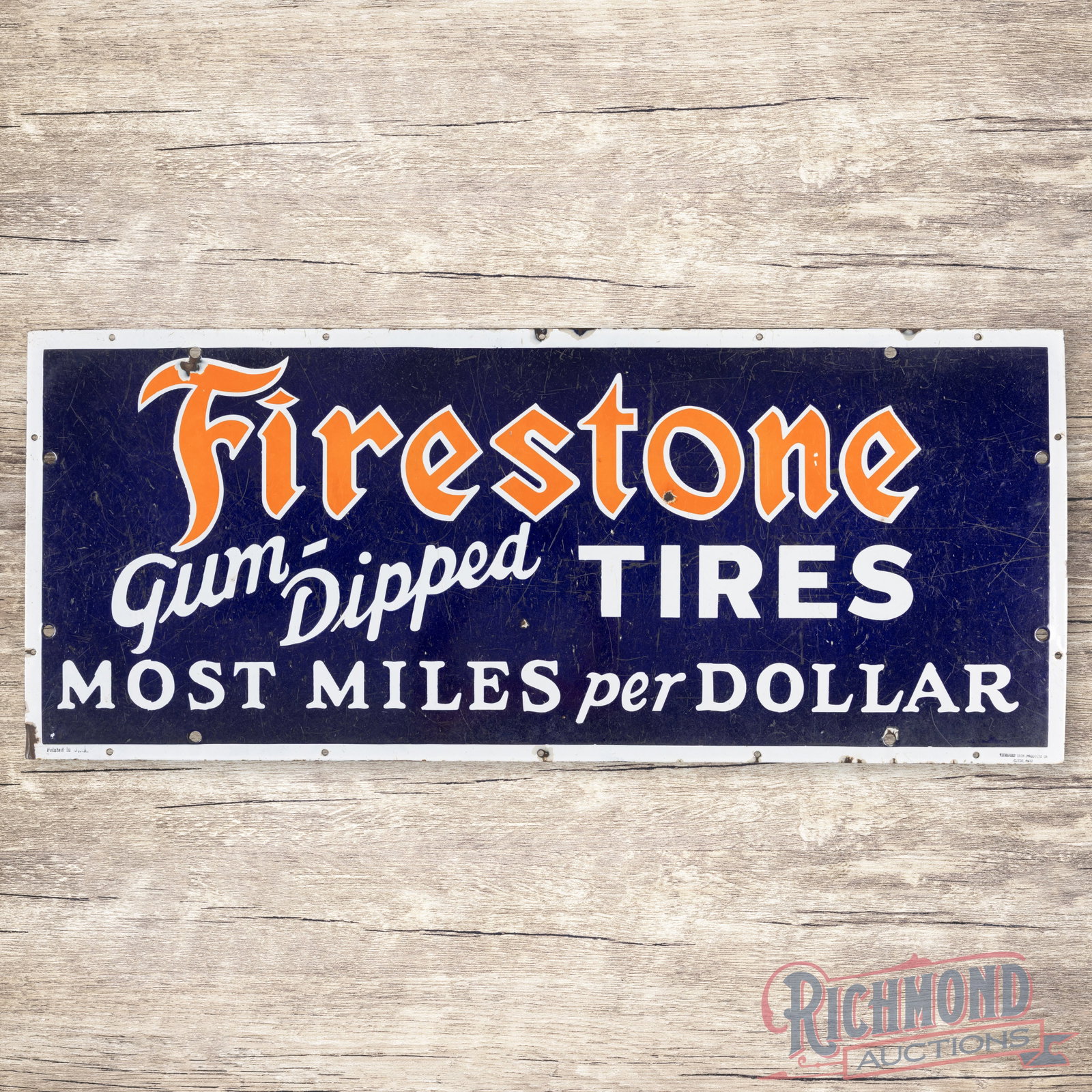 Firestone Gum-Dipped Tires "Most Miles Per Dollar" 48" Single Sided Porcelain Sign: SSP (single sided porcelain) sign has good color and gloss. The field has chips with scratches and surface wear. The perimeter has additional chips with a minor bend on the lower left corner. Marked P