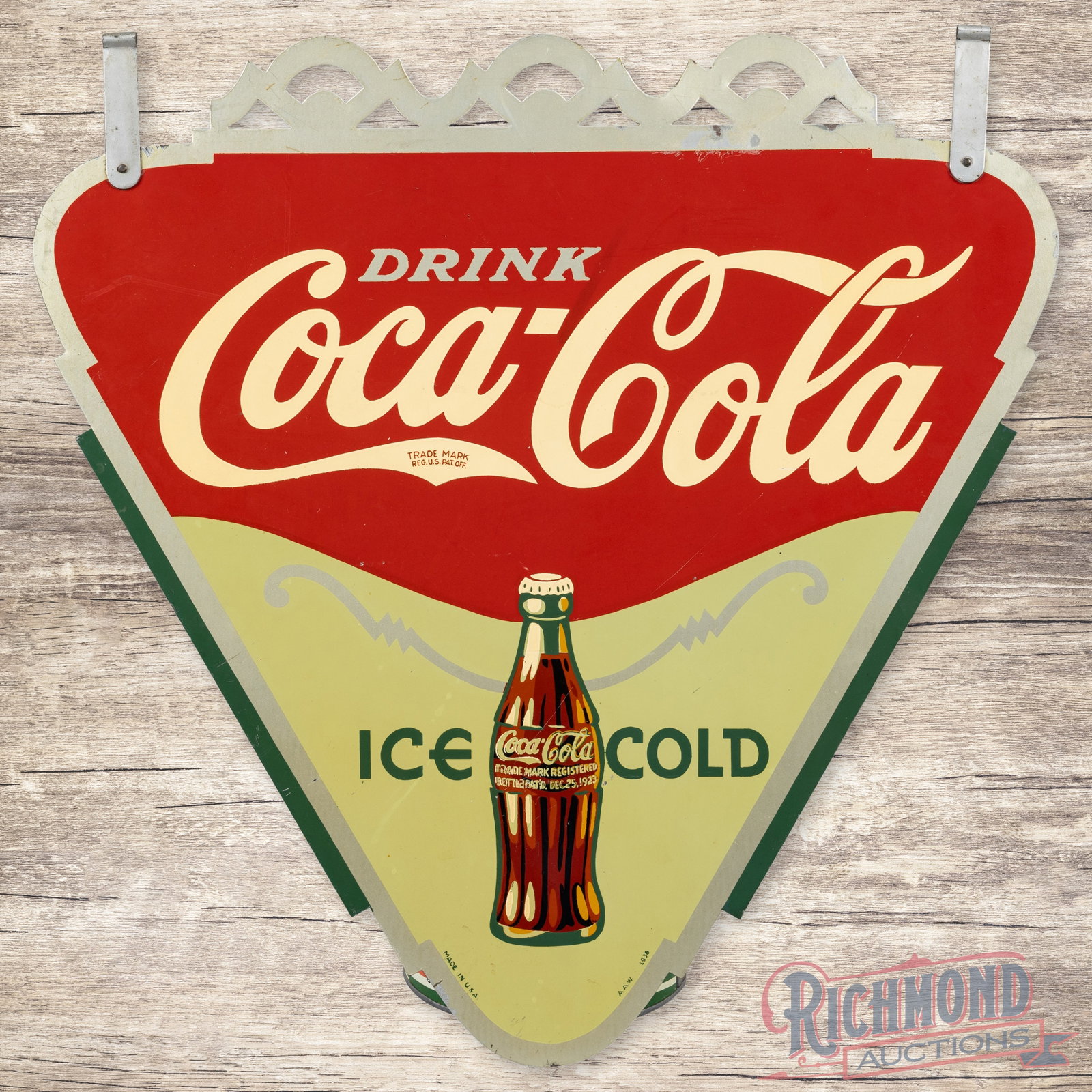 1936 Drink Coca Cola Ice Cold Die Cut Double Sided Tin Sign w/ Bottle: DST (double sided tin) die cut sign has excellent color and shine. Side #1 has light wear with fine scratches and tiny paint chips in the lower fields. The perimeter has scuffs and a few tiny areas of
