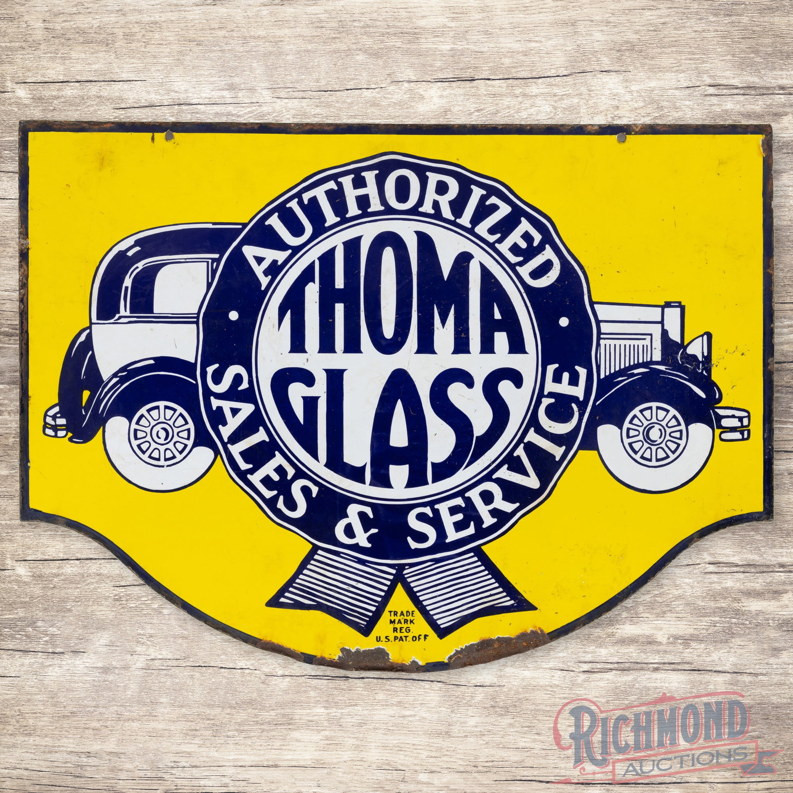 Thoma Glass Authorized Sales & Service Double Sided Porcelain Sign w/ Automobile: DSP (double sided porcelain) sign has good color and gloss. The display has tiny chips, faint cloudiness and a fine scratch in the lower field. The perimeter has edge wear with chips and minor bends a