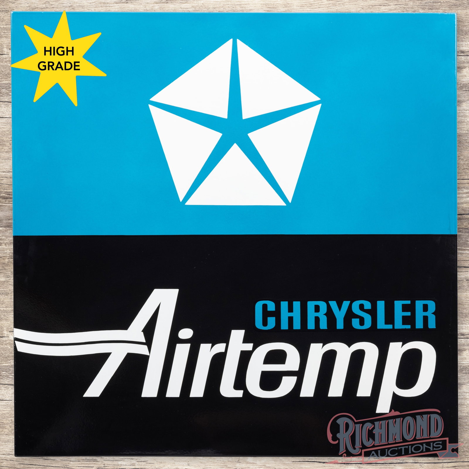 Chrysler Airtemp 36" Single Sided Porcelain Logo Sign: SSP (single sided porcelain) rolled edge sign has outstanding color and gloss. The field and perimeter are in fantastic condition. Overall an amazing sign you will never need to upgrade. 36.5" H X 36"