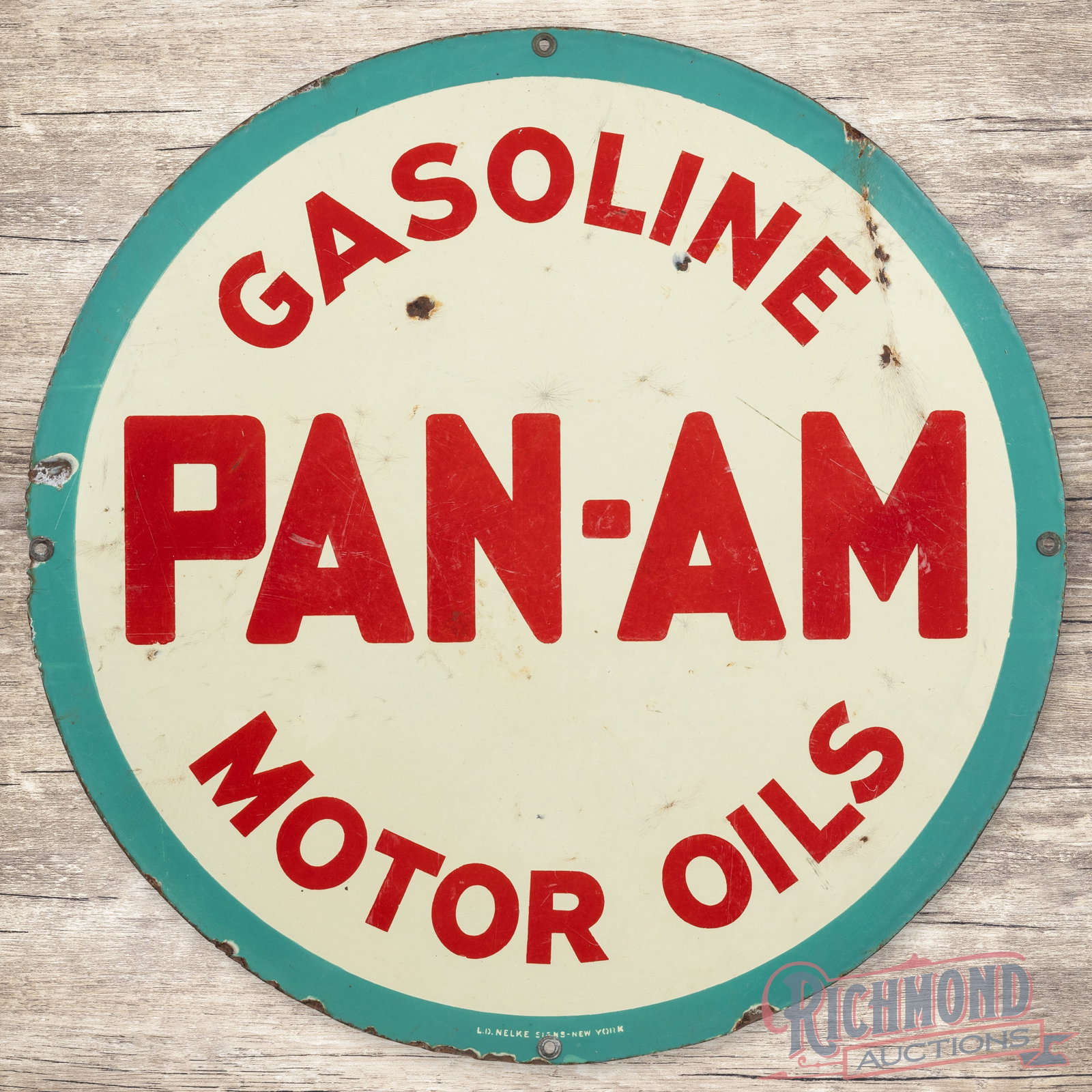 Pan-Am Gasoline Motor Oils 30" Double Sided Porcelain Sign: DSP (double sided porcelain) sign has good color and moderate gloss. Side #1 has chips, bruises and surface wear in the fields. The right outer field has a slight bend with chips and crazing. The peri