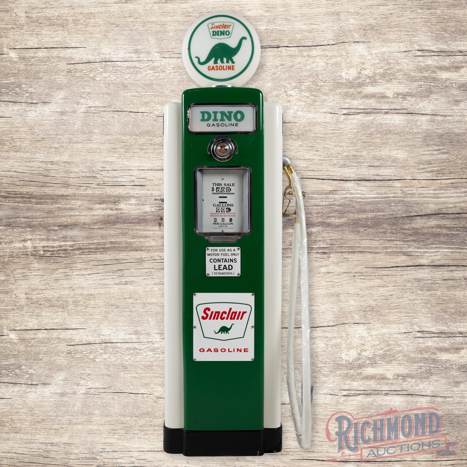 Wayne Model #70 Computing Gas Pump Restored Sinclair Dino Gasoline: Wayne Model #70 computing gas pump has been professionally restored. The pump features bright green and white paint with high gloss. It includes highly detailed appointments with reproduction porcelai