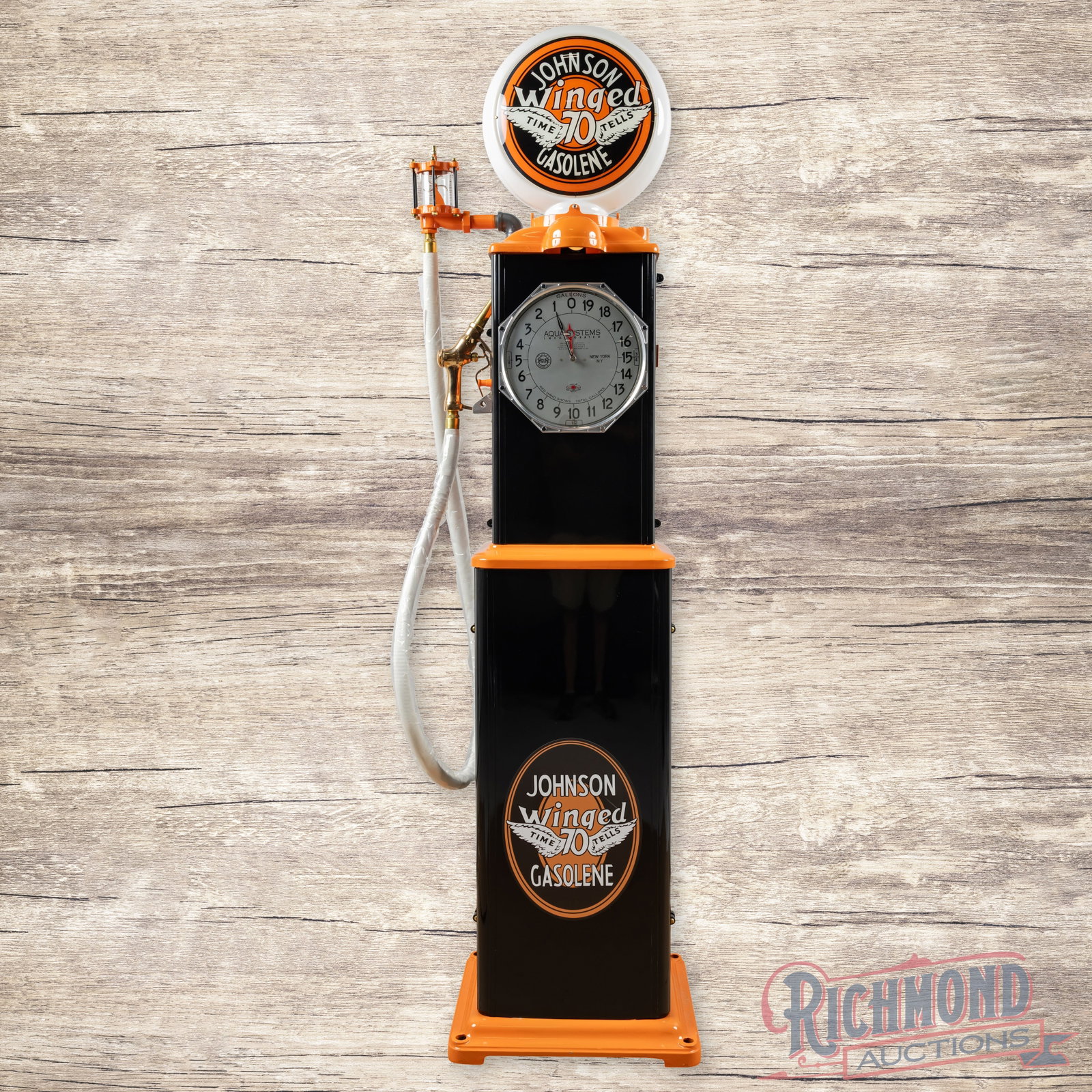 Aqua E-455 Clockface Gas Pump Restored In Johnson Winged 70 Gasolene (1 of 7)