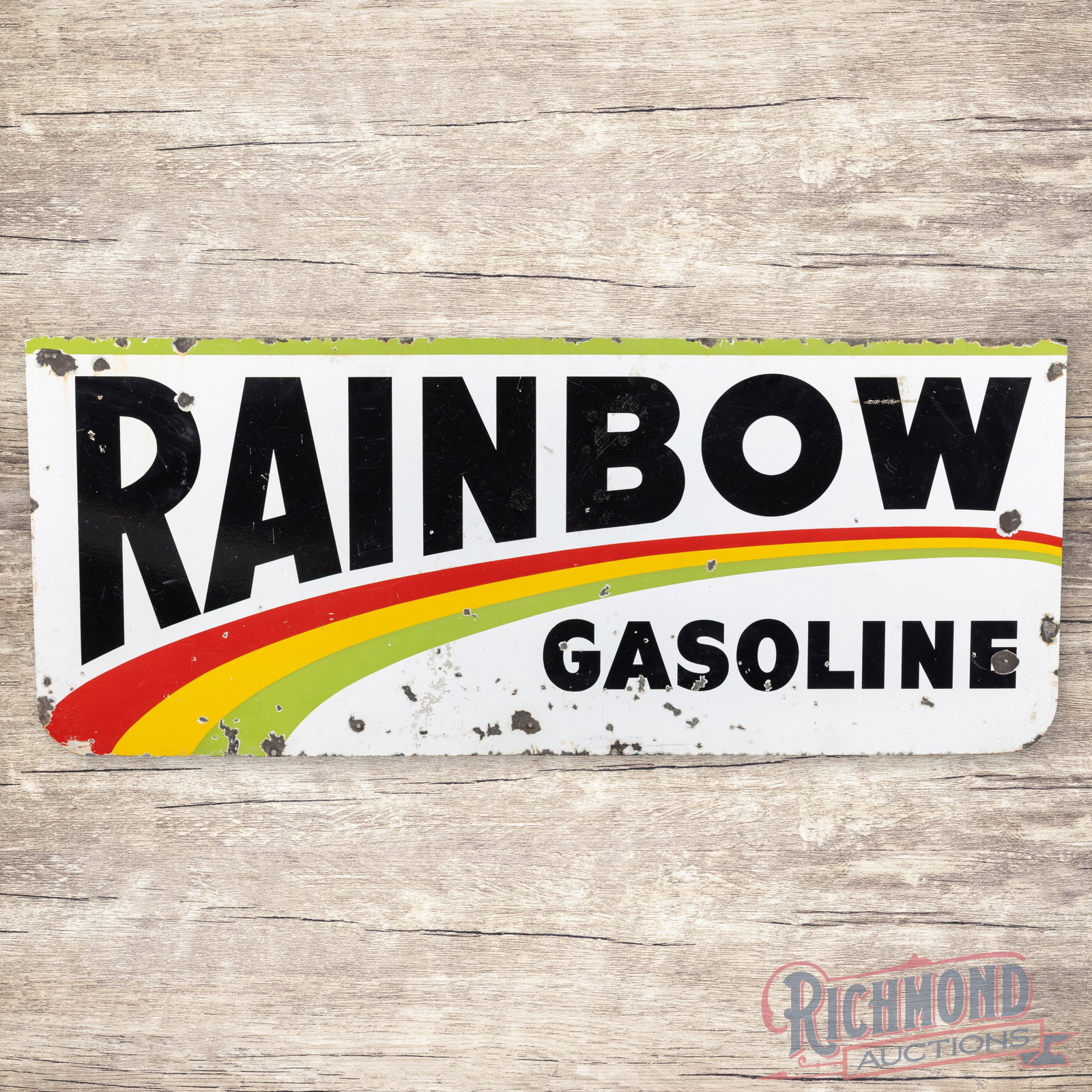 Rare Rainbow Gasoline 6' Double Sided Porcelain ID Sign: DSP (double sided porcelain) sign has good color and gloss. The display has surface wear with areas of discoloration and chips in the fields. The perimeter has added mounting holes with chips and mino