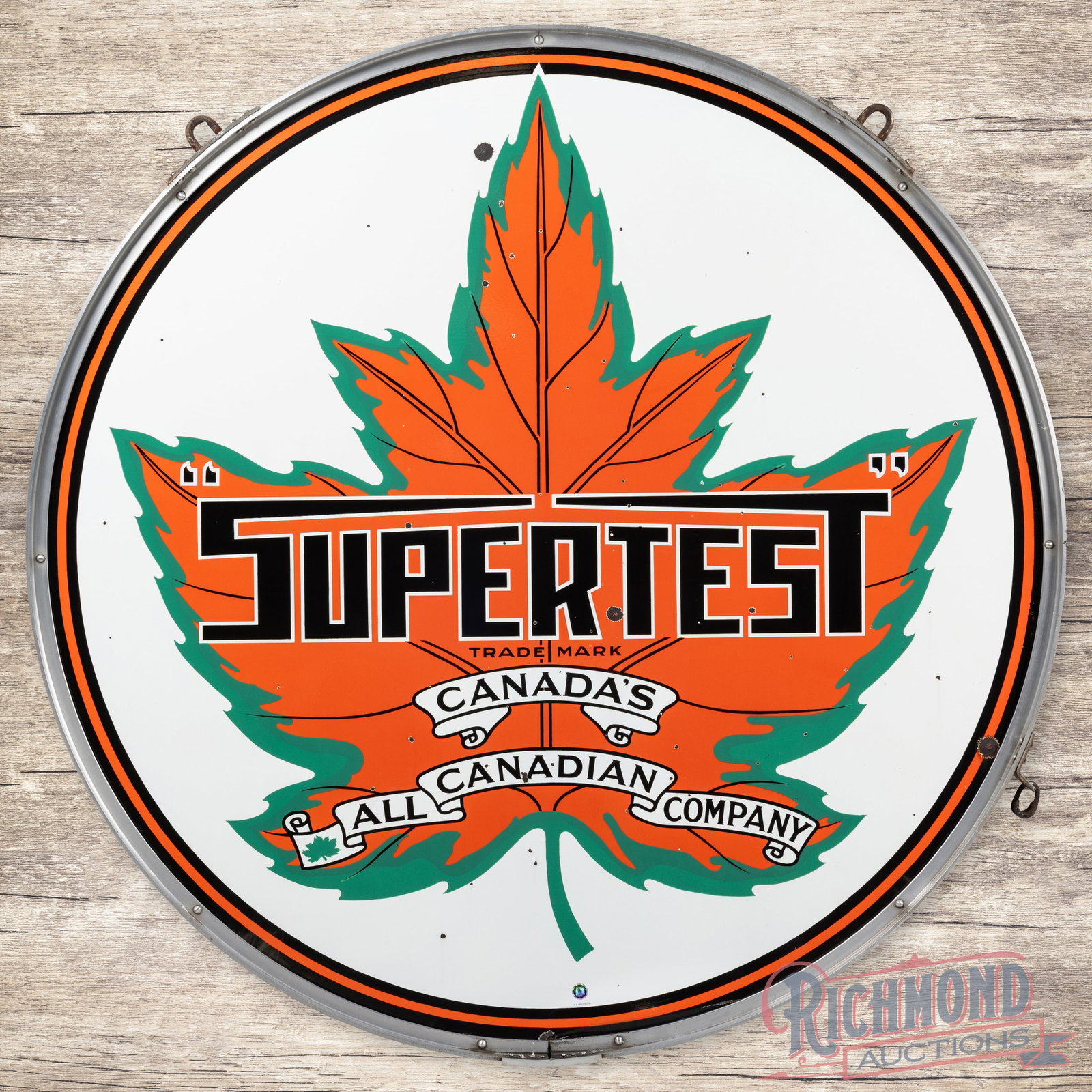 Supertest Gasoline 60" Double Sided Porcelain Sign w/ Ring "Maple Leaf Logo" (1 of 3)