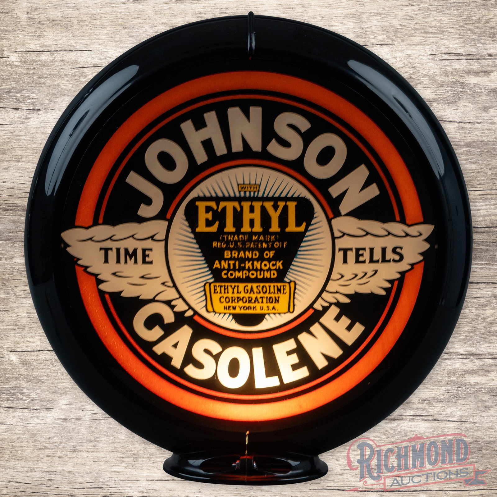Johnson Time Tells Ethyl Gasolene 13.5" Gas Pump Globe Green Burst (1 of 6)