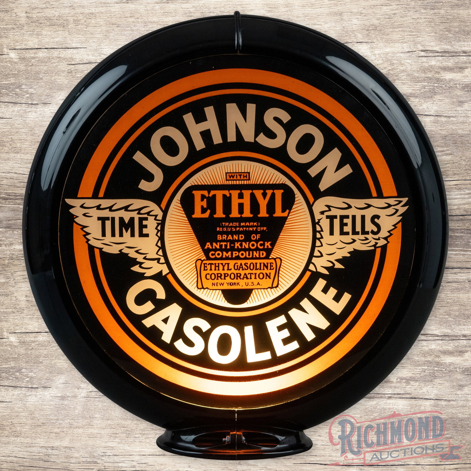 Johnson Time Tells Ethyl Gasolene 13.5" Gas Pump Globe Orange Burst (1 of 6)