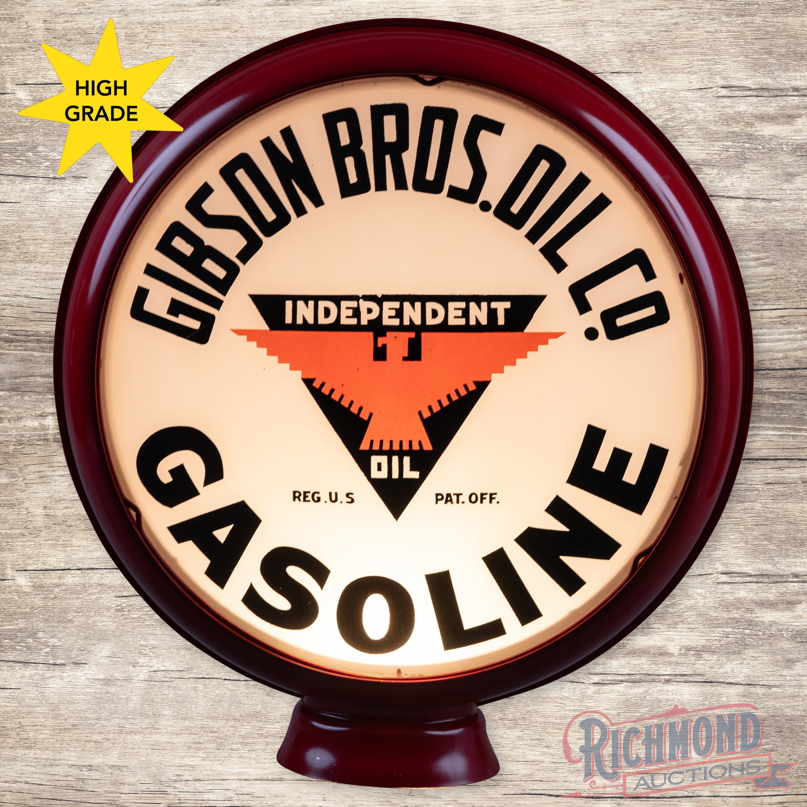 Scarce Gibson Bros. Oil Co. Gasoline Independent Oil Co. Gas Pump Globe: Scarce Gibson Bros. Independent Oil Co. gas pump globe. Single 15" lens in a new high profile metal body. The lens has excellent color and it shows a few spots of very minor paint loss, some light scr