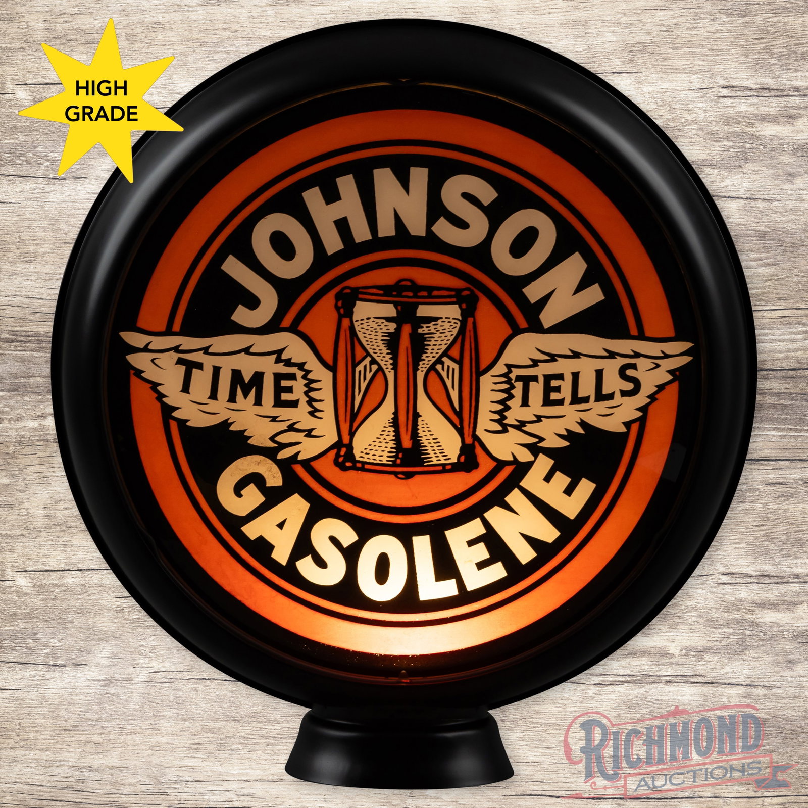 Johnson Time Tells Gasolene 15" Gas Pump Globe: Single 15" Johnson Gasolene lens in a new high profile metal body. It has excellent color and shows some very light scratches and some very minor spots of paint loss along the edge. It displays extrem