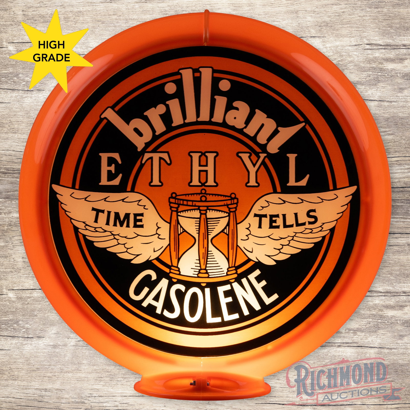 Rare Johnson Time Tells Brilliant Ethyl Gasolene 13.5" Gas Pump Globe (1 of 6)