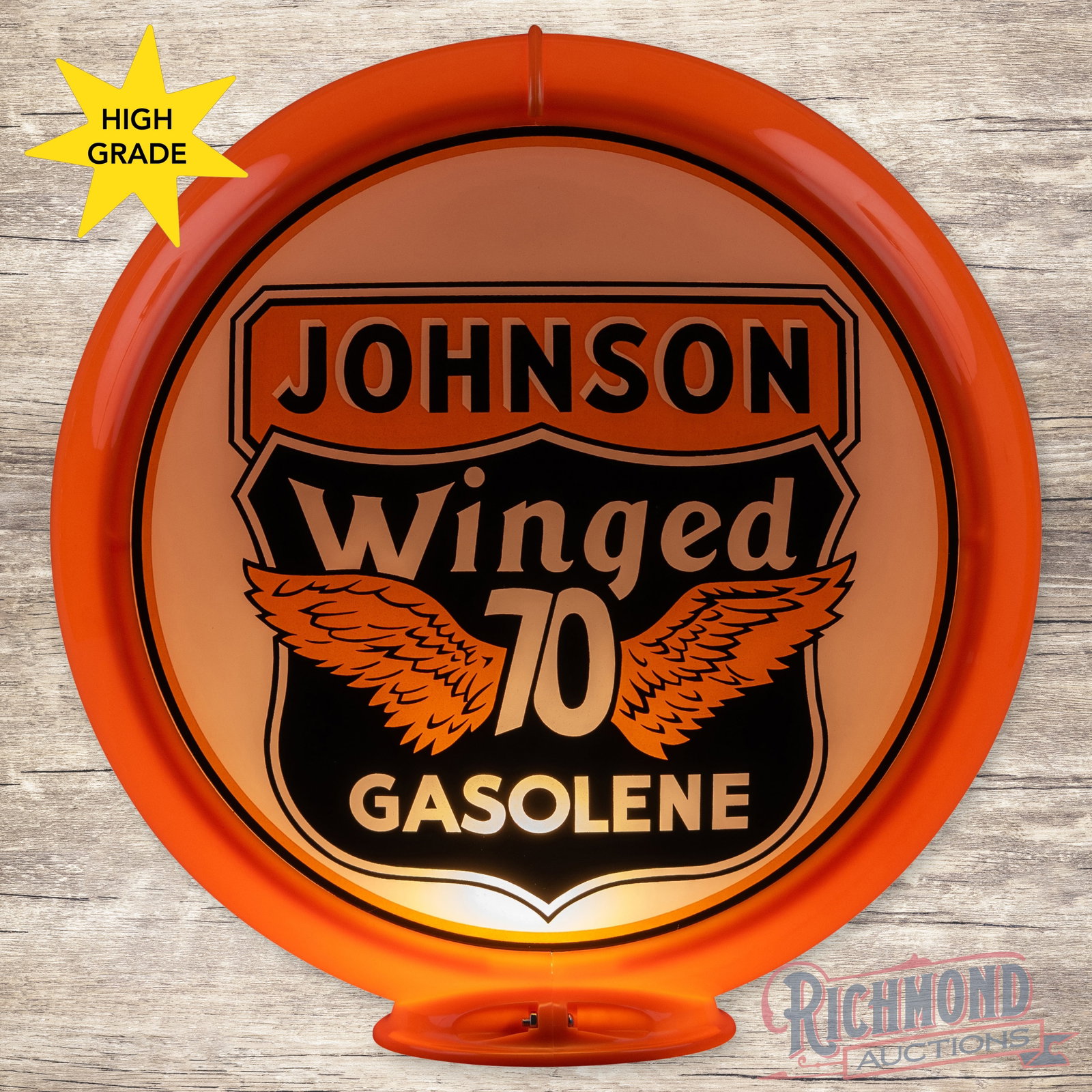 Rare Johnson Winged 70 Gasolene 13.5" Gas Pump Globe: Rare single 13.5" Johnson Winged 70 Gasolene lens in a new Capco style body. It has excellent color and shows very light wear. This lens is likely NOS (new old stock). Overall this is an extremely har