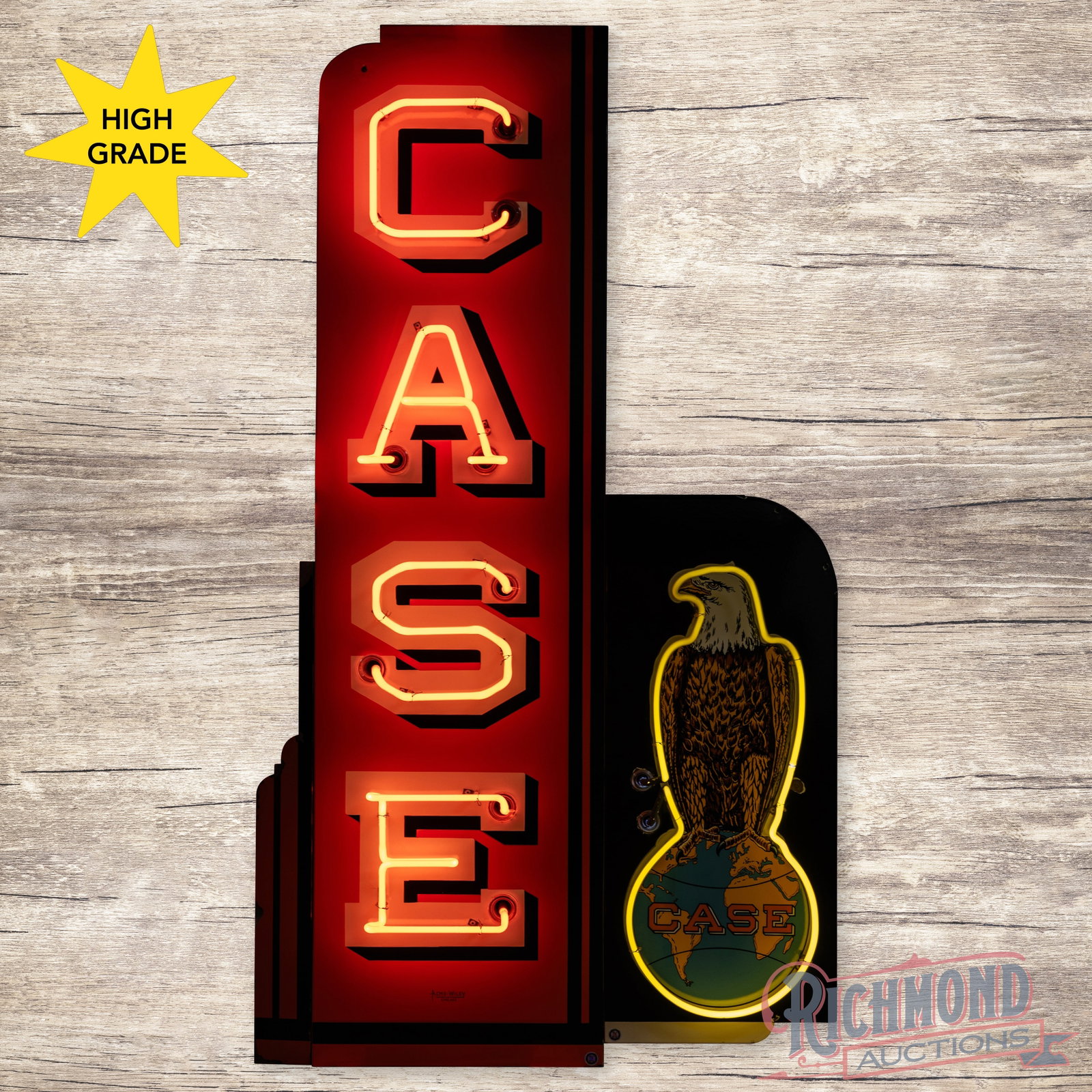 Case 6' Double Sided Porcelain Factory Neon Sign w/ Old Abe: DSP (double sided porcelain) factory neon sign with the original metal can has excellent color and gloss. The display has a clean field with minor chipping at the insulators on the "Abe" sign and a ch