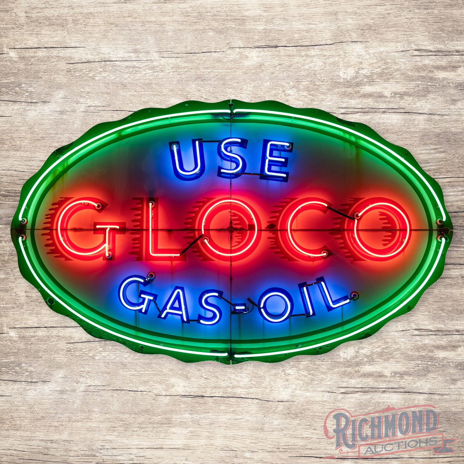 Rare Use Gloco Gasoline 9' Single Sided Porcelain Factory Neon Sign: SSP (single sided porcelain) factory neon sign with a metal can has good color and gloss. The sign features classic Gloco porcelain enamel colors with brilliant three-color neon. The field has chips a