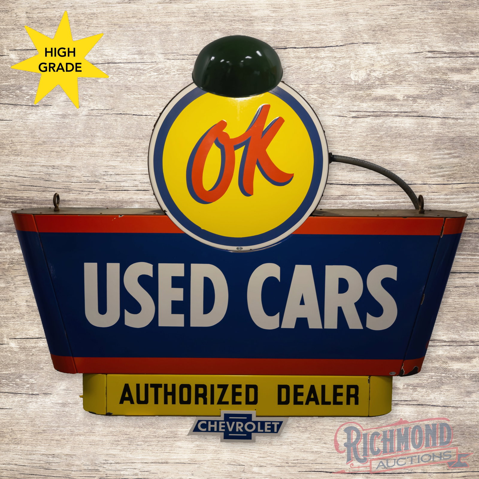 Chevrolet OK Used Cars 42" Double Sided Porcelain Sign w/ Lighted Shades: DSP (double sided porcelain) multi-piece sign with the original metal can and lighted porcelain shades has excellent color and gloss. The display has a clean field with small chips along the outer edg