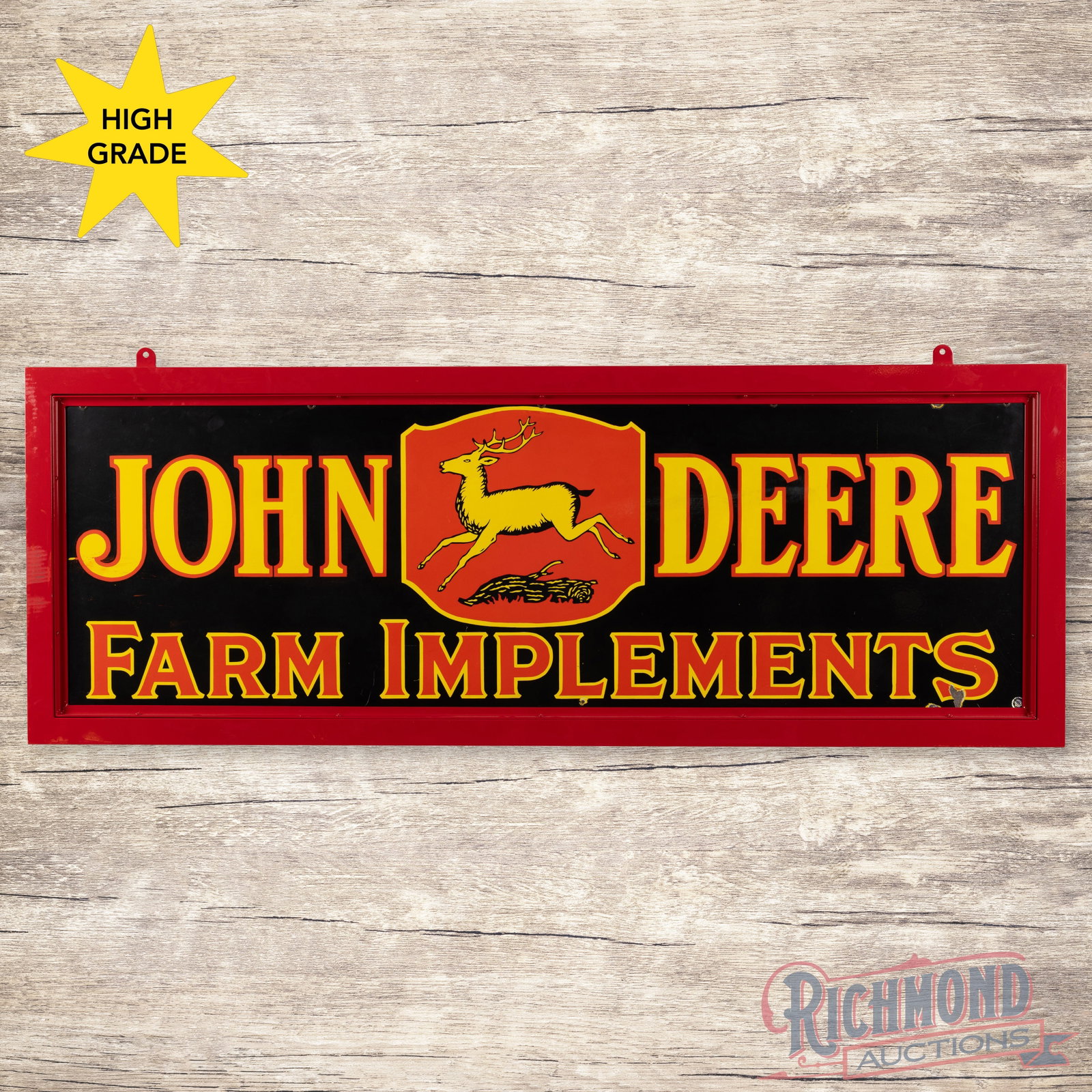 John Deere Farm Implements 6' Double Sided Porcelain Sign w/ 4 Legged Deer: DSP (double sided porcelain) sign with a custom metal frame has excellent color and gloss. The display has a clean field with light wear and chips along the perimeter. The reverse is in a similar cond