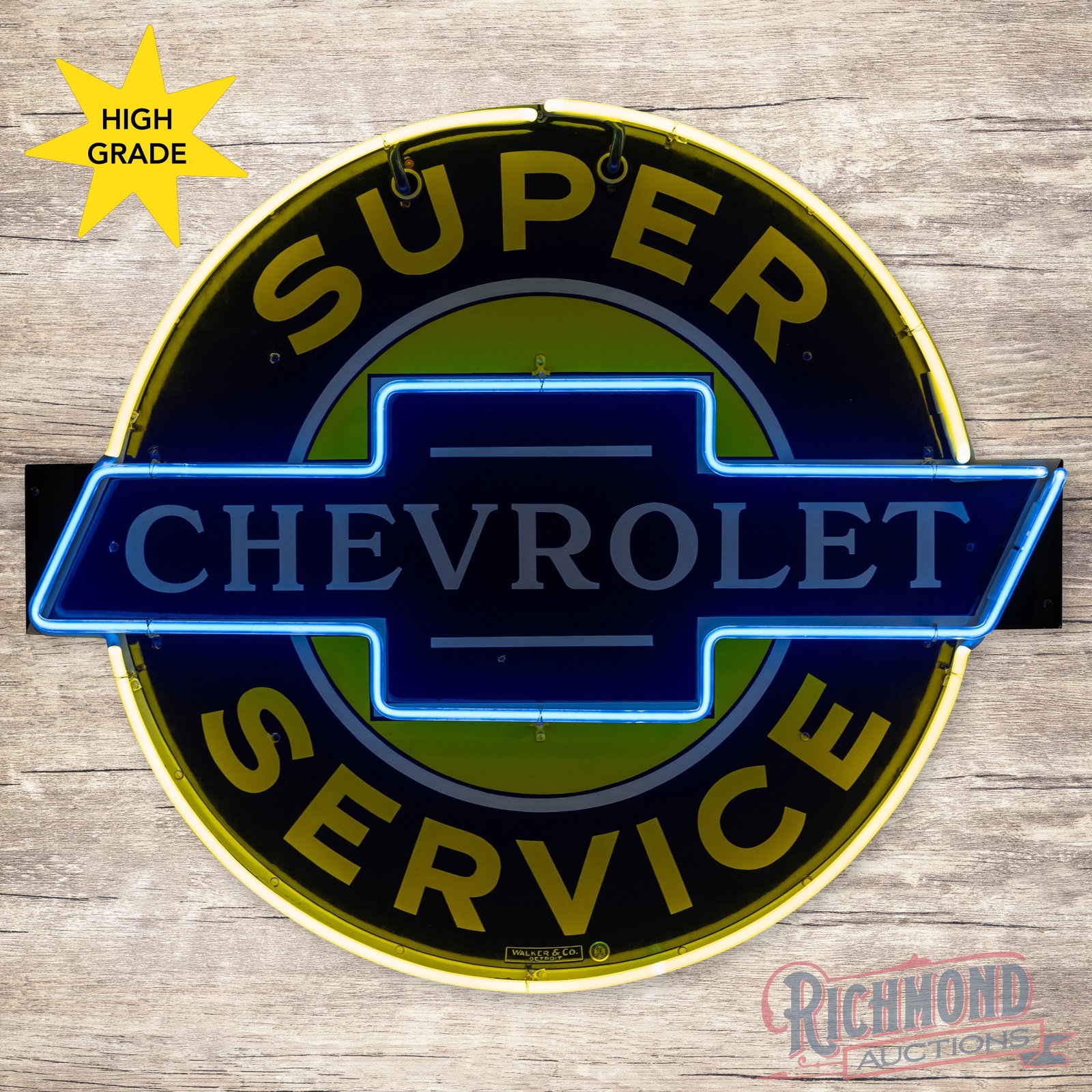 Chevrolet Super Service 42" Single Sided Porcelain Factory Neon Sign: SSP (single sided porcelain) factory neon sign with a metal can has excellent color and gloss. The display is exceptionally clean with an eraser-sized chip in the lower field. The perimeter has minor 