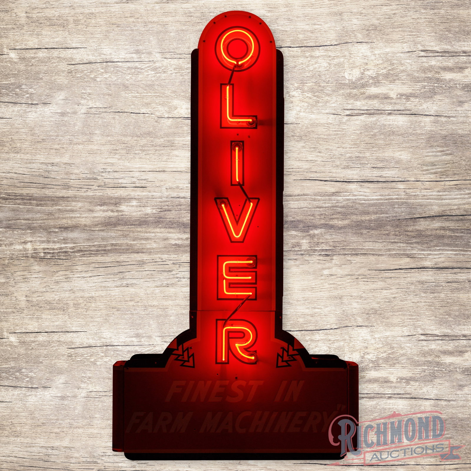 Amazing Oliver Finest in Farm Machinery 7.5' Double Sided Porcelain Factory Neon Sign: DSP (double sided porcelain) factory neon sign with a metal can has outstanding color and gloss. The display has minor color-matched chips in the field and perimeter with an added clear coat to enhanc