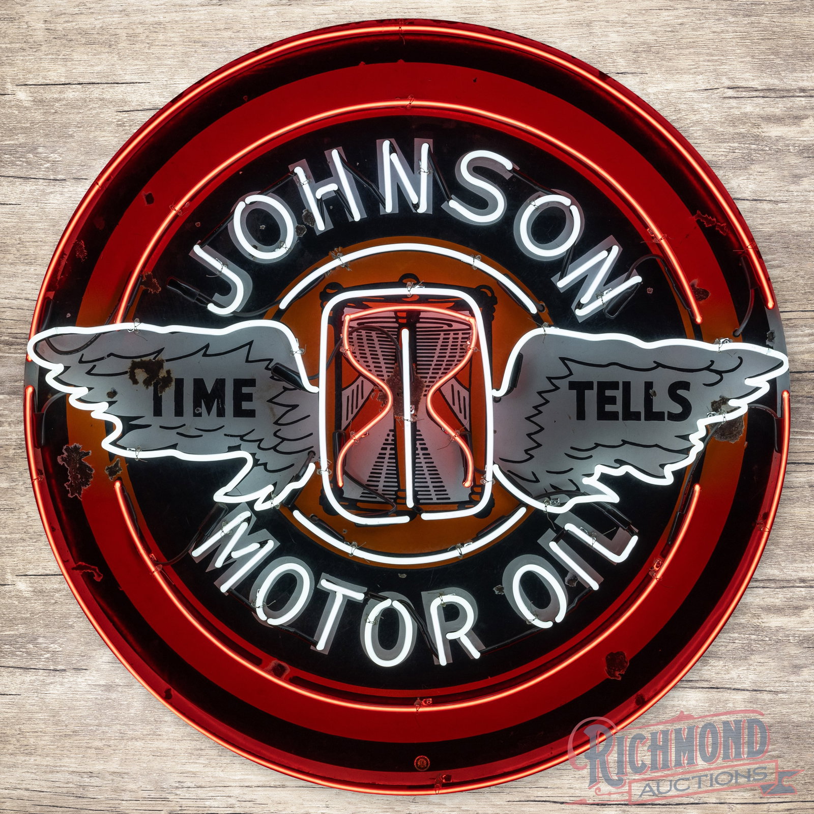 Johnson Motor Oil "Time Tells" 48" Single Sided Porcelain Neon Sign w/ Logo: SSP (single sided porcelain) sign with added neon and a metal can has good color and gloss. The sign features highly detailed two-color neon. The field has a chip with a non-factory hole in the center