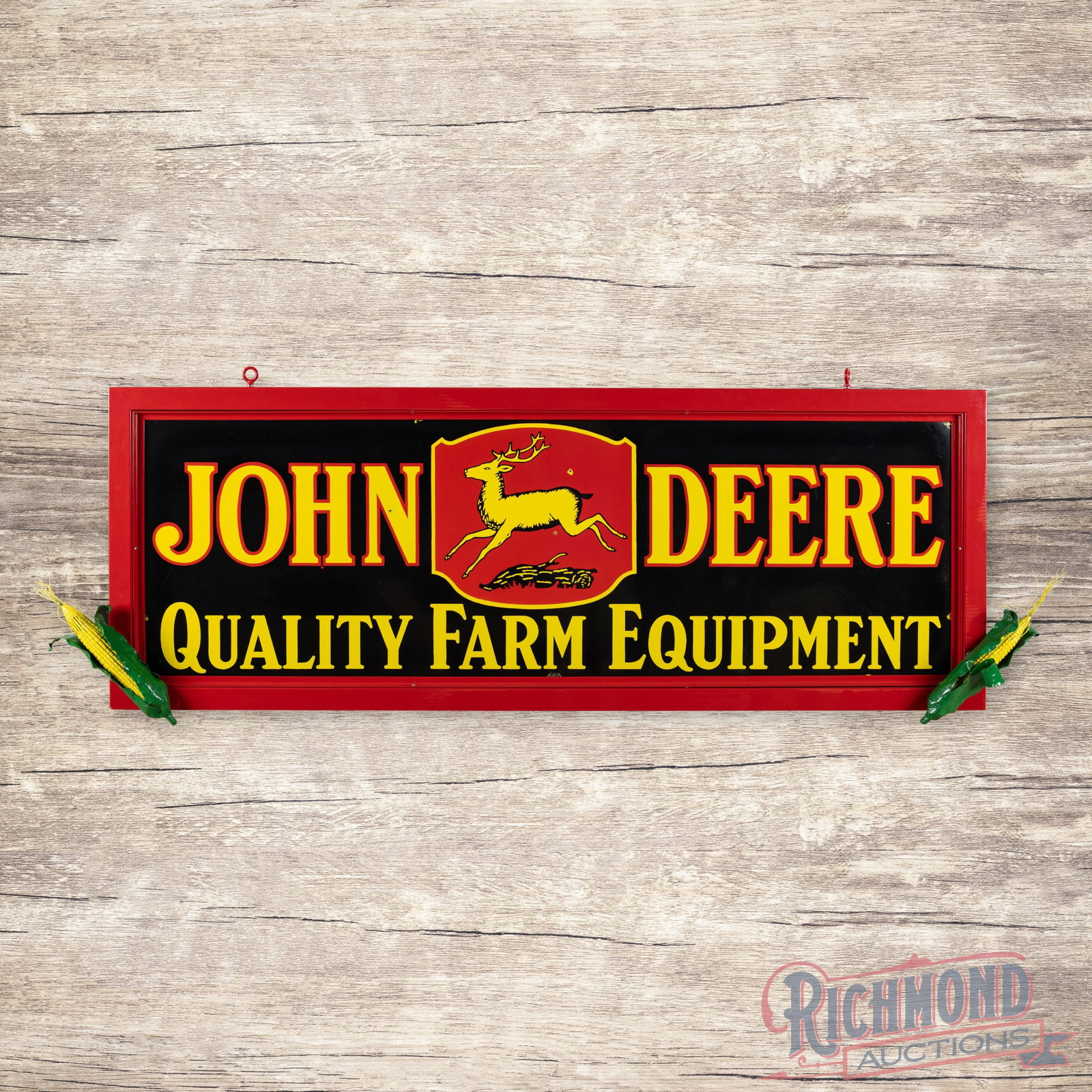 John Deere Quality Farm Implements w/ 4 Legged Deer: DSP (double sided porcelain) sign with a custom metal frame has excellent color and gloss. The display is exceptionally clean with tiny chips in the fields and additional chips along the outer edges. 