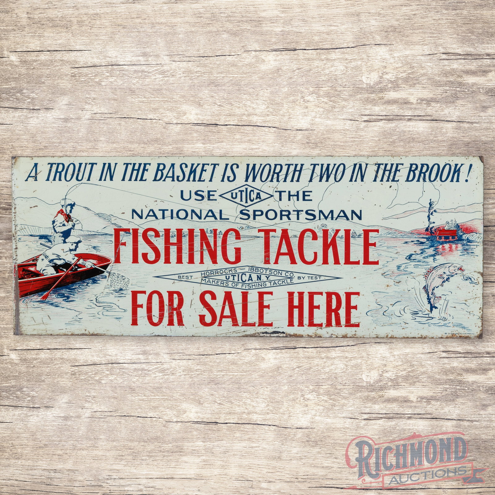 Rare Utica Fishing Tackle For Sale Here w/ Fishermen & Trout Double Sided Tin Flange Sign: DST (double sided tin) flange has excellent color and shine. The sign depicts a trout fishing scene with two fishermen using a Utica rod with a hooked trout jumping in the right outer field. The displ