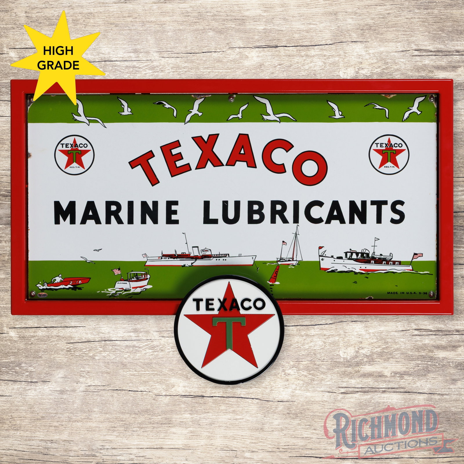 1934 Texaco Marine Lubricants 30" Single Sided Porcelain Sign w/ Custom Logo Ring (1 of 3)