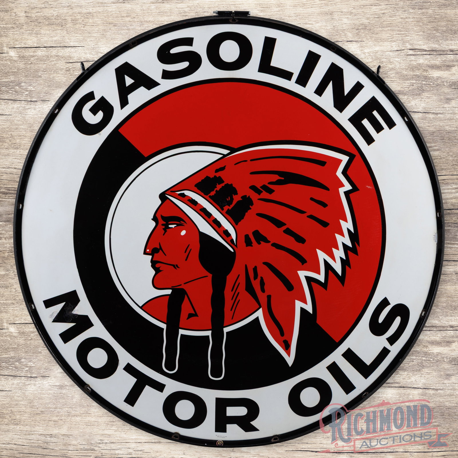 Red Indian Gasoline Motor Oils 5' Single Sided Porcelain Sign w/ Ring: SSP (single sided porcelain) sign with a metal ring has outstanding color and gloss. The display has a color-matched chip in the Native American's headdress with additional color-matched chips in the 