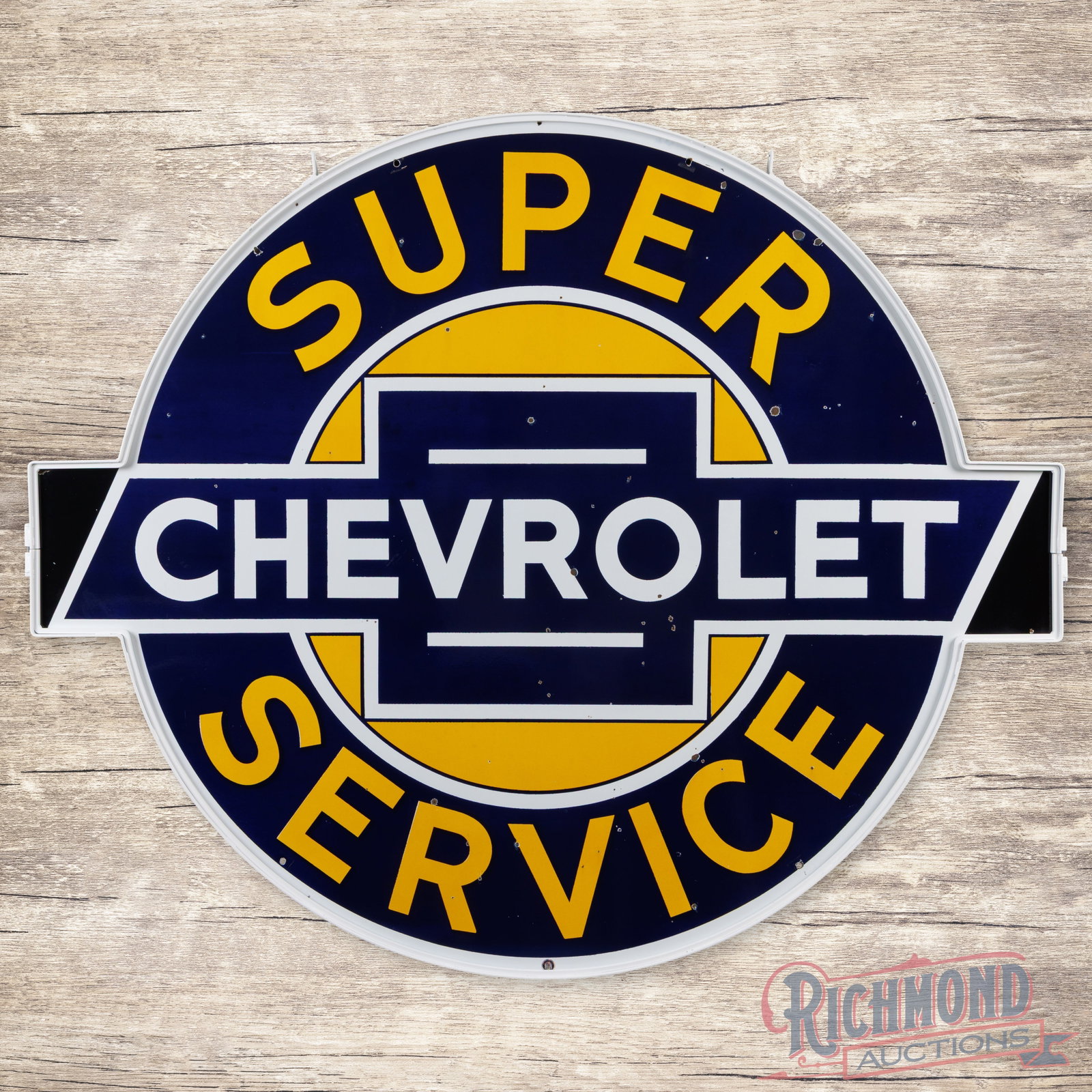 Rare Chevrolet Super Service 6' Die Cut Double Sided Porcelain Sign w/ Ring: DSP (double sided porcelain) die cut sign with a metal ring has excellent color and gloss. Side #1 has small chips in the fields and the perimeter. The reverse is in a similar condition with larger ch