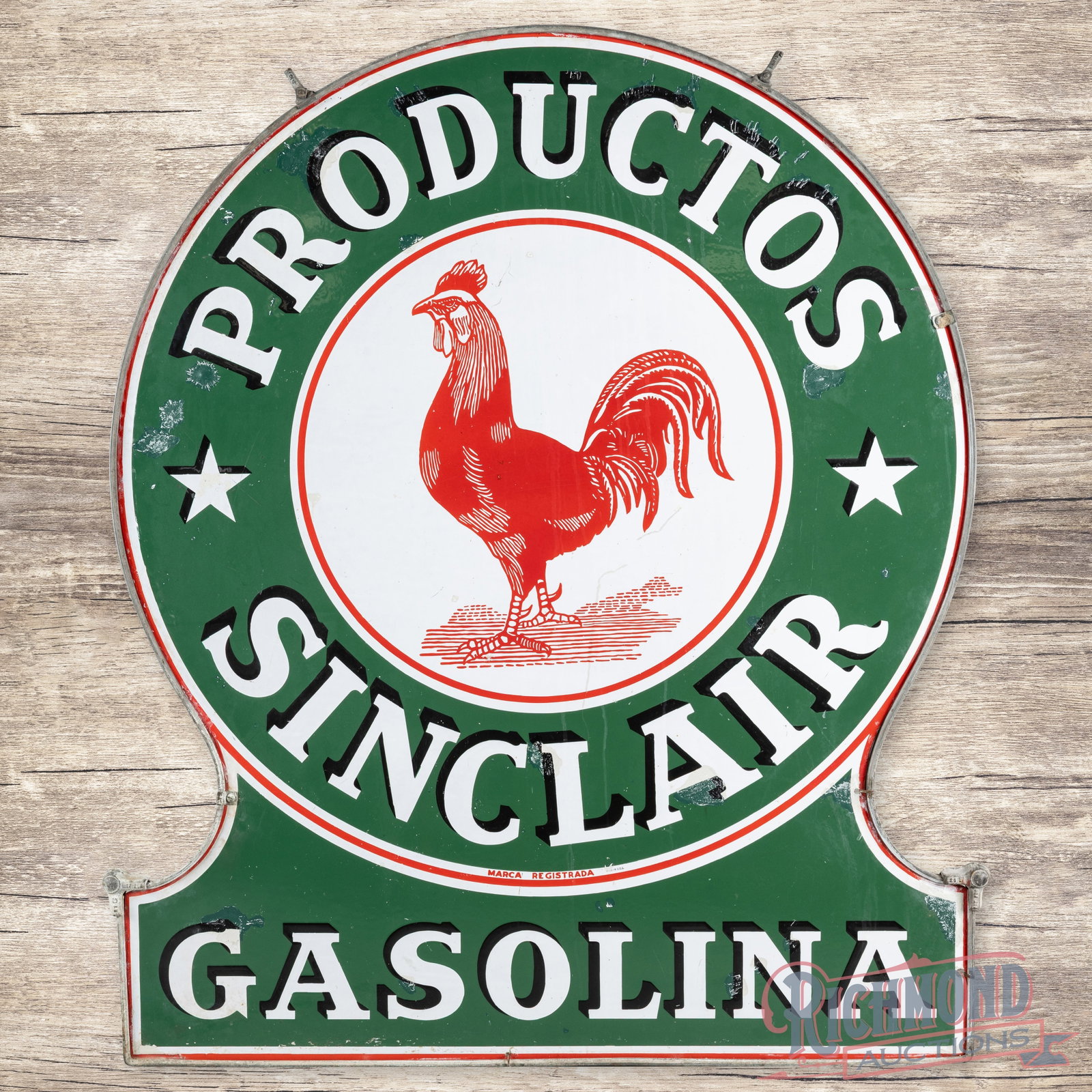 Sinclair Productos Gasolinea Double Sided Porcelain Die Cut Sign w/ Ring "Rooster Logo": DSP (double sided porcelain) die cut sign with the original metal ring has very good color and gloss. The display has areas of discoloration, marks and colors matched chips which are more prevalent in