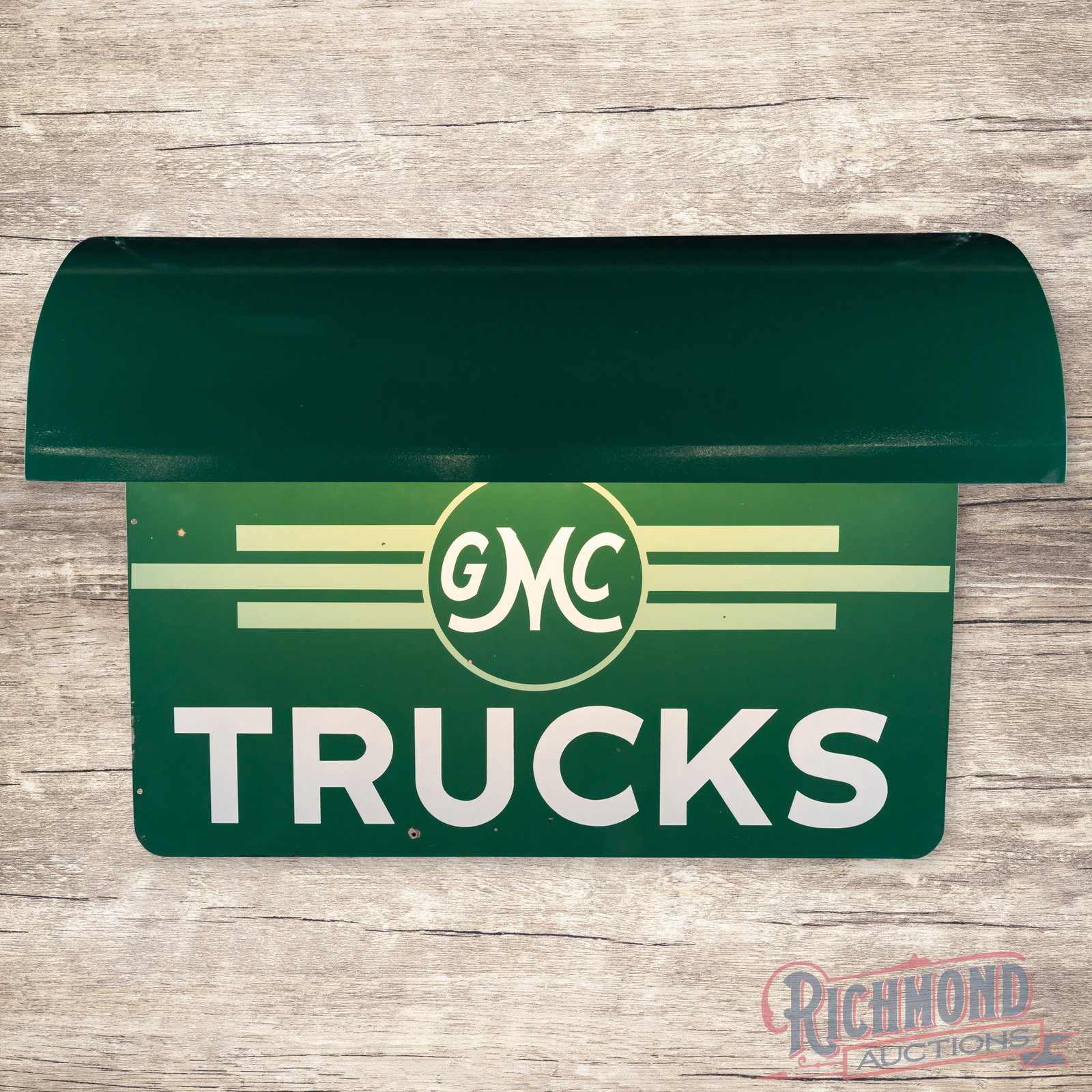 GMC Trucks Double Sided Porcelain sign w/ Lighted Hood: DSP (double sided porcelain) sign with a lighted hood has excellent color and gloss. The hood lights properly. Side #1 has small chips in the field with additional chips at the mounting holes and edge