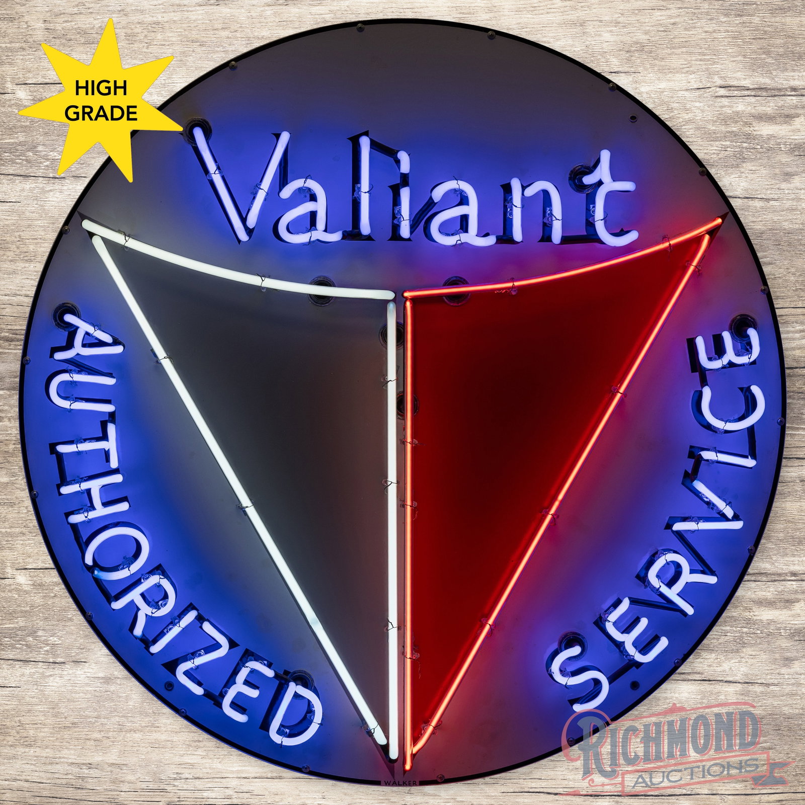 Valiant Authorized Service 42" Single Sided Porcelain Neon Sign: SSP (single sided porcelain) sign with added neon and a metal can has excellent color and gloss. The sign features three-color neon with a flashing logo in the center field. The display features a res