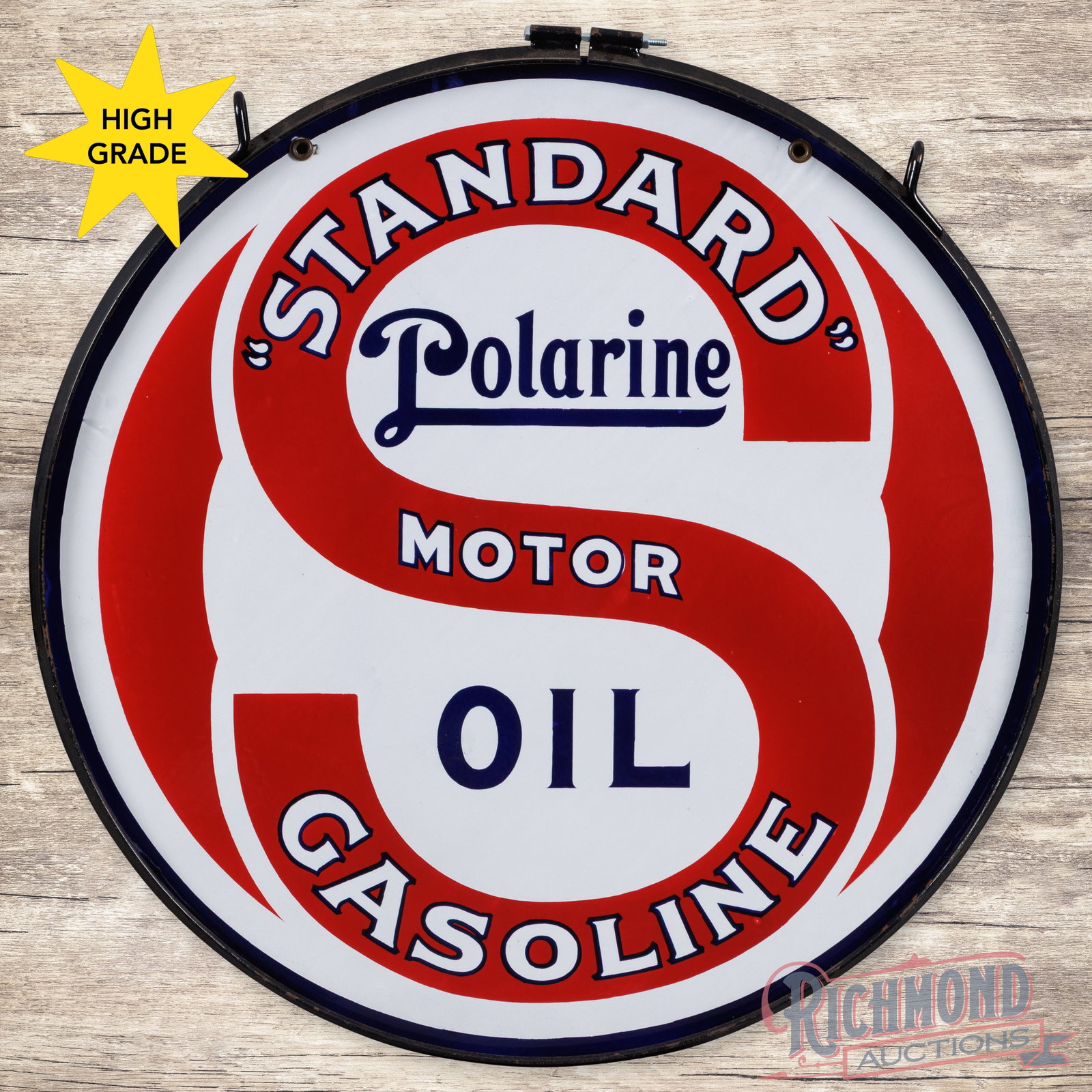 Standard Polarine Motor Oil Gasoline 30" Double Sided Porcelain Sign w/ Ring: DSP (double sided porcelain) sign with a metal ring has outstanding color and gloss. The display has a clean field with minor marks. The perimeter has factory blemishes along the lower left edges with