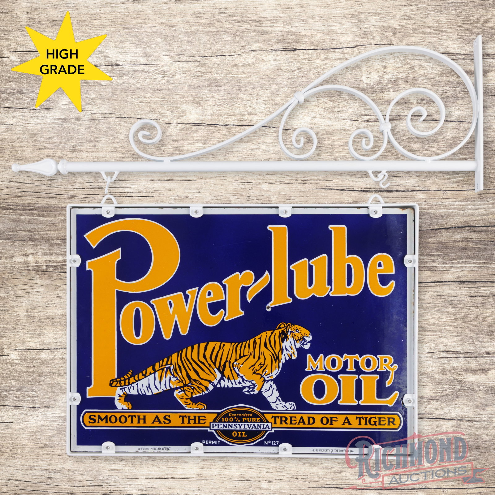 Powerlube Motor Oil 28" Double Sided Porcelain Sign w/ Ring & Bracket: Iconic DSP (double sided porcelain) sign with an added metal frame and bracket has excellent color and gloss. Side #1 has a clean field with minor cloudiness along the left-hand edge and tiny chips al