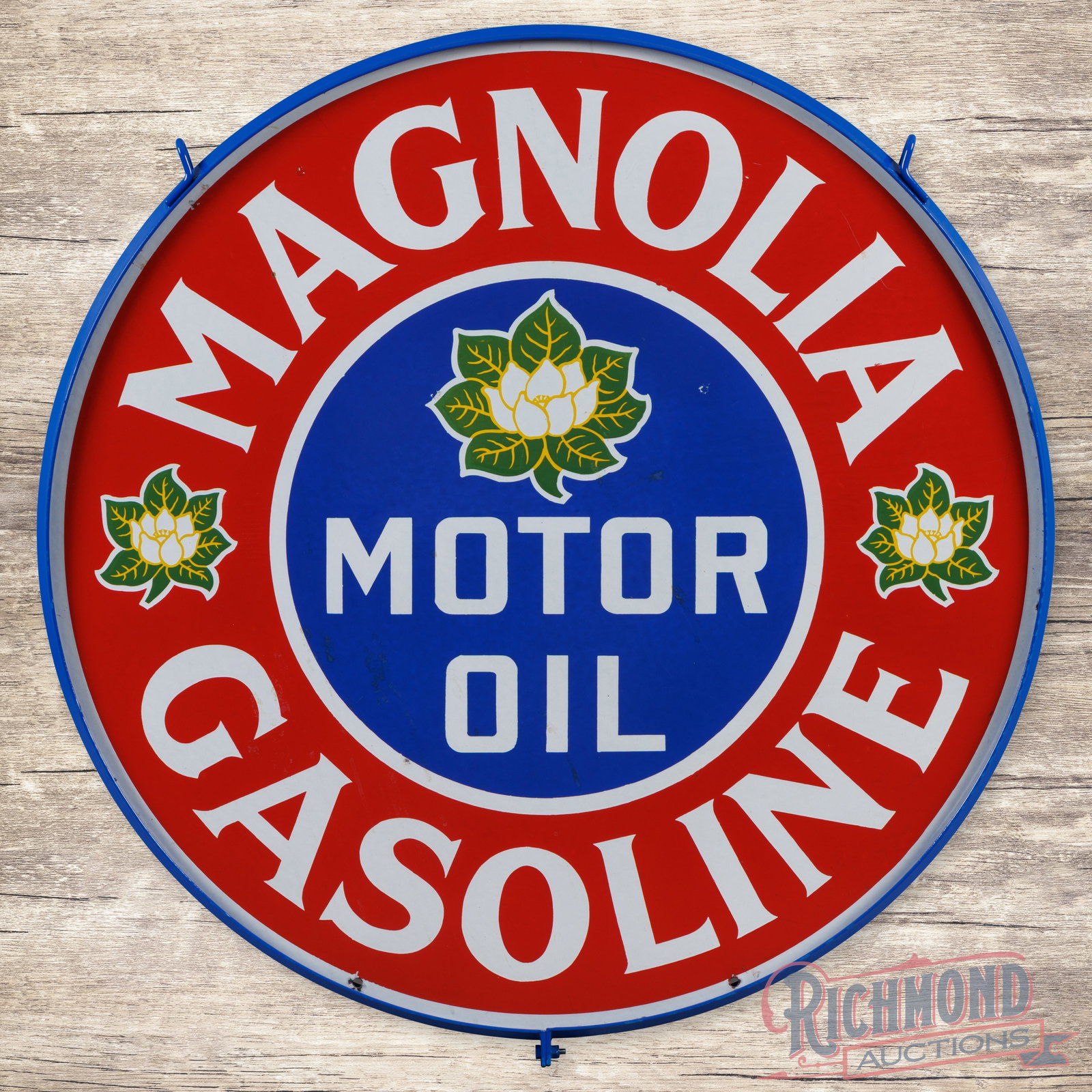 Magnolia Motor Oil Gasoline 42" Double Sided Porcelain Sign w/ Ring: DSP (double sided porcelain) sign with a metal ring has excellent color and gloss. The display has two small chips in the field with minor spotting. The perimeter has minor chips along the outer edges