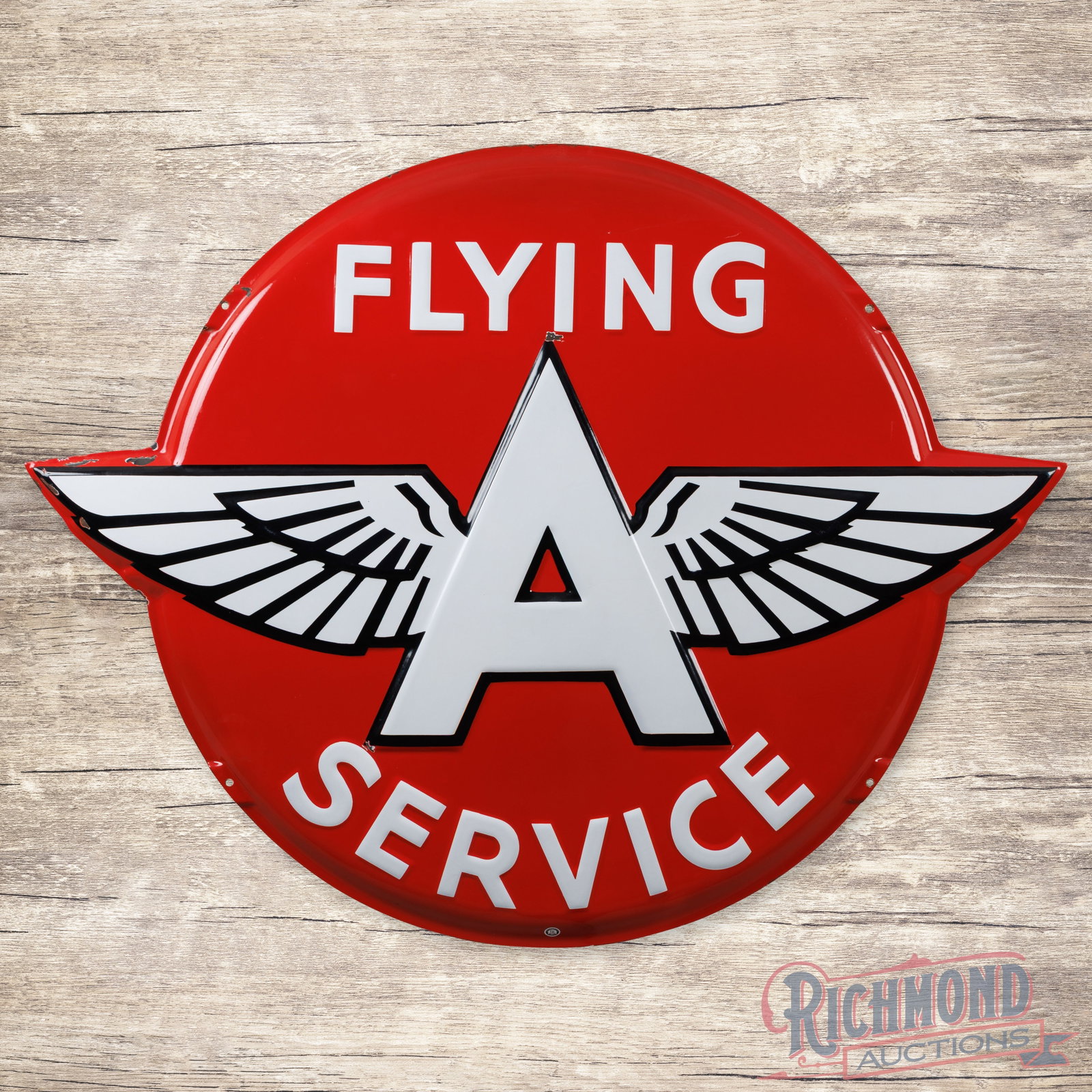 Flying A Gasoline Service 4' Emb. Single Sided Porcelain Button Sign: SSP (single sided porcelain) die cut embossed button sign has excellent color and gloss. The display is exceptionally clean, showing a small chip at the upper edge and lower left edge of the "A". The 