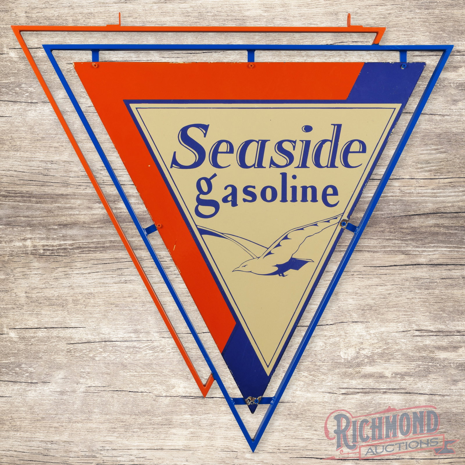 Seaside Gasoline 38" Double Sided Porcelain Sign w/ Metal Ring "Seagull Logo": Outstanding DSP (double sided porcelain) sign with a metal ring has excellent color and gloss. The display has tiny chips in the field with additional chips along the perimeter. The reverse is in a si