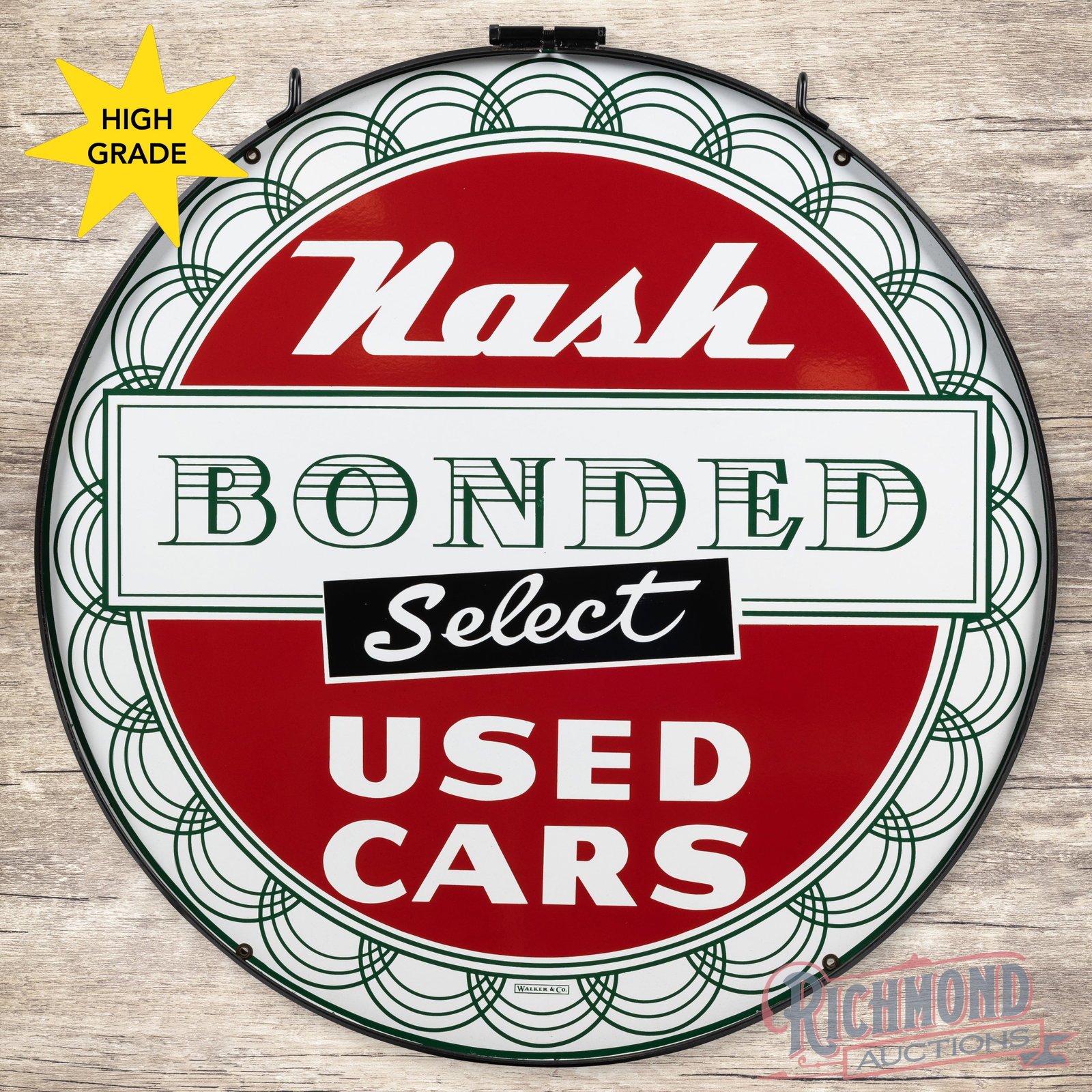 Nash Bonded Select Used Cars 42" Double Sided Porcelain Sign w/ Ring: DSP (double sided porcelain) sign with a metal ring has day one color and gloss. Side #1 features a clean field with tiny chips along the outer edges. The reverse is in a similar condition to the disp