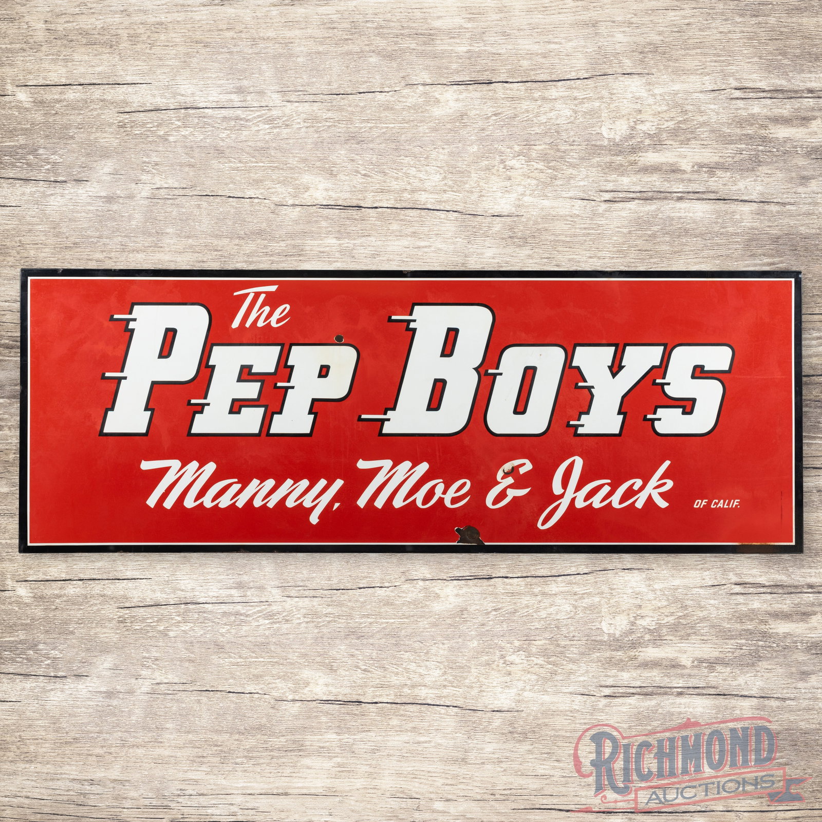 Rare The Pep Boys Manny Moe & Jack of California 8' Single Sided Porcelain Sign: SSP (single sided porcelain) sign has good color and gloss. The display has light wear with a chip above the second "P" in Pep, areas of cloudiness and an indentation with a chip in the "&" in the low