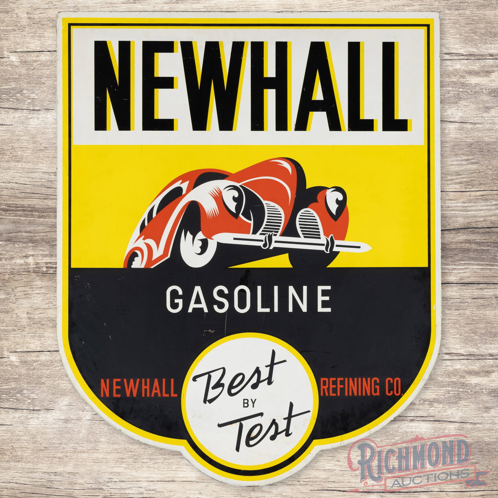 Newhall Gasoline Refining Co. "Best by Test" DS Masonite Sign w/ Automobile Graphics California: Scarce Double sided die cut Masonite sign has excellent color and shine. The sign features wonderful car graphics with vibrant colors on both sides. Side #1 has light wear in the fields with small pai