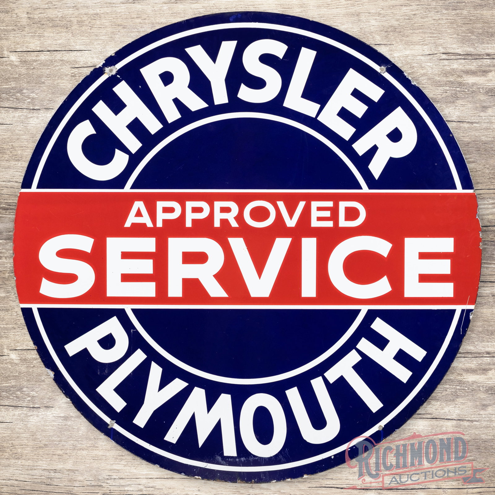 Chrysler Plymouth Approved Service 42" Double Sided Porcelain Sign: DSP (double sided porcelain) sign has excellent color and gloss. The display has a small color matched chip in the "V" of Service. The perimeter has additional small chips with scuffs below the lower 