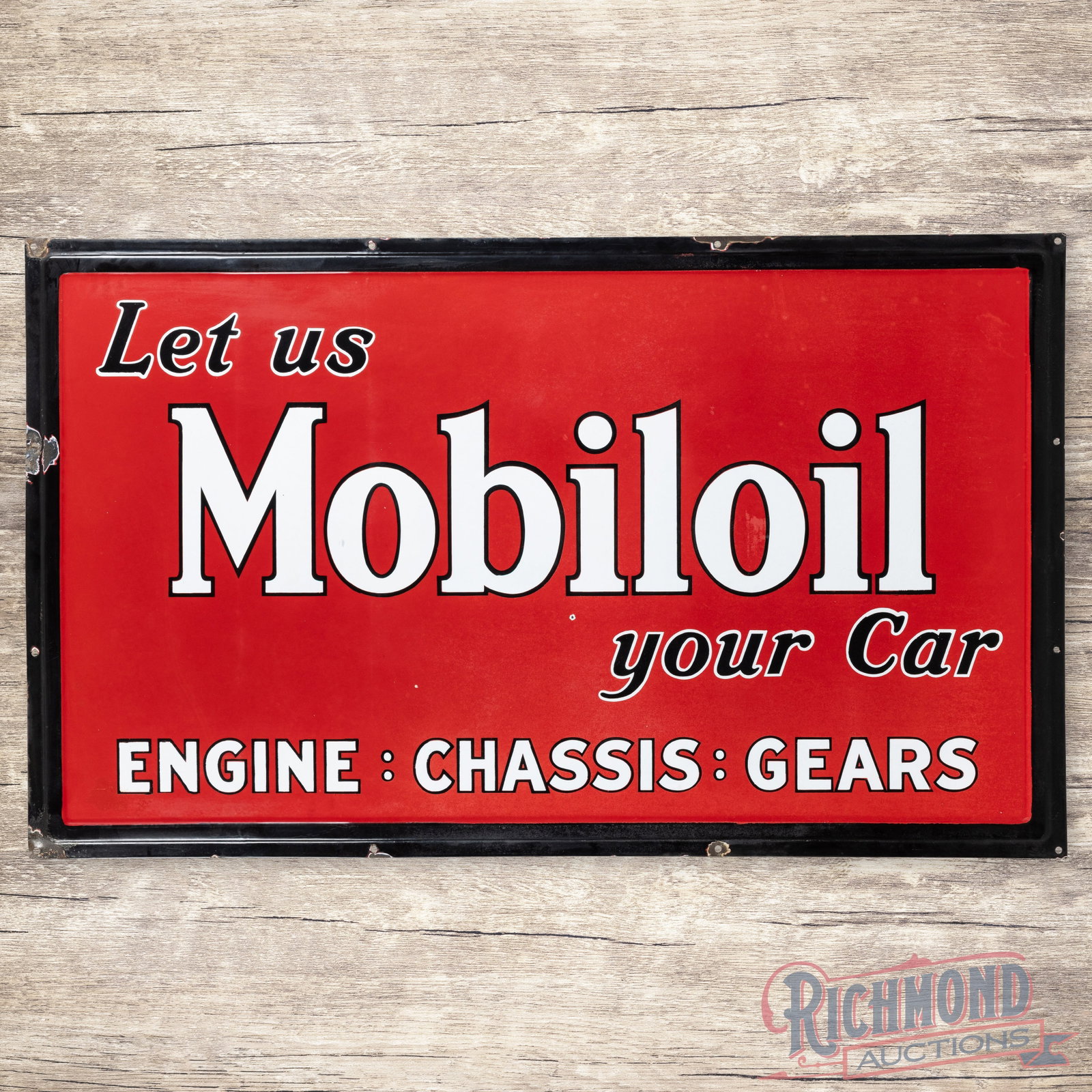 Let Us Mobiloil You Car Engine Chassis Gears 5' Single Sided Porcelain Sign: SSP (single sided porcelain) self-framed sign has excellent color and gloss. The field has a few minor factory blemishes with two small chips in the field. The second "O" in Mobiloil and upper right o
