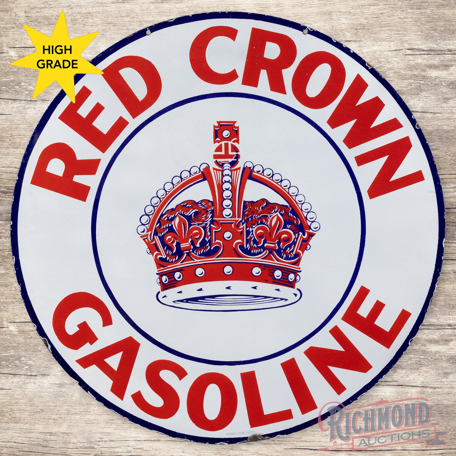 Red Crown Gasoline 42" Double Sided Porcelain Logo Sign: DSP (double sided porcelain) sign has excellent color and gloss. The display has a tiny chip in the logo with additional chips along the outer edges. The reverse has two tiny flea bites in the field w