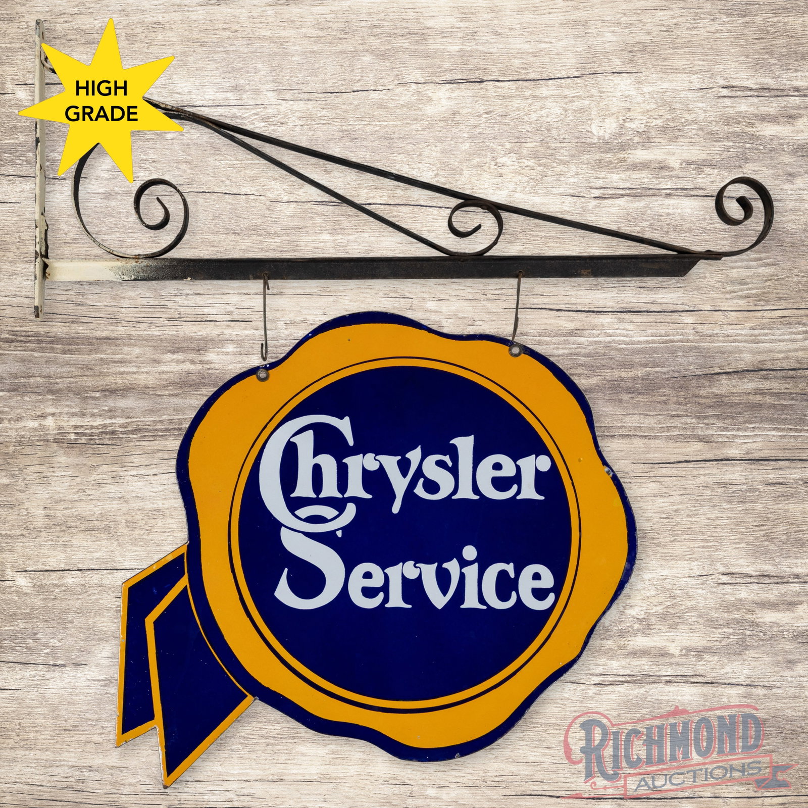 Chrysler Service Double Sided Porcelain Ribbon Sign w/ Bracket: DSP (double sided porcelain) die cut sign with the original metal hanging bracket has excellent color and gloss. The display has a clean field with tiny errant paint specs. The perimeter has minor edg