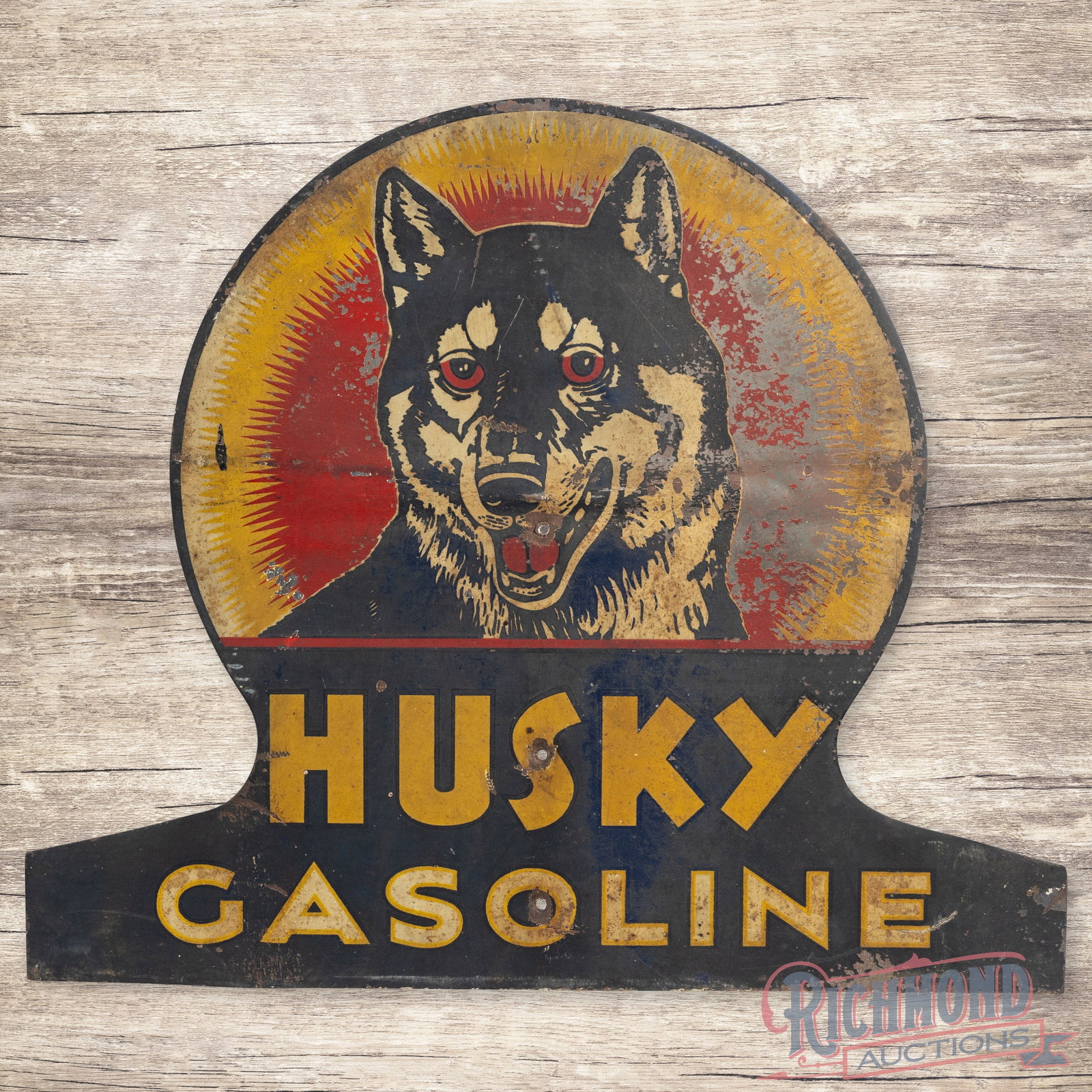 Rare Husky Gasoline Single Sided Tin Keyhole Sign: SST (single sided tin) die cut keyhole shaped sign has good color. The sign features a large graphic of the iconic Husky dog with a Northern Lights background. The display has general wear with horizo