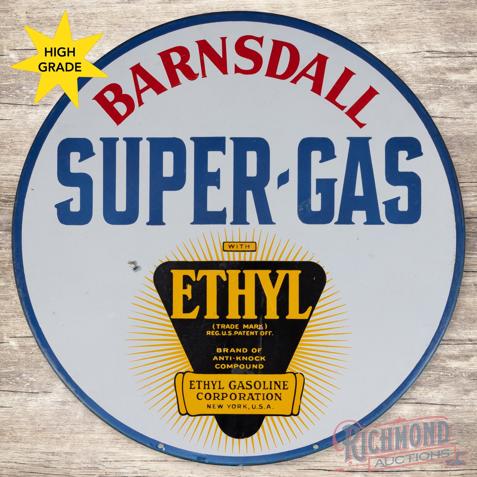 Barnsdall Super-Gas with Ethyl 30" Double Sided Porcelain Sign w/ Logo: DSP (double sided porcelain) sign has excellent color and gloss. Side #1 has light wear with bruises and a few smaller areas of cloudiness in the center and lower fields. The perimeter has small chips