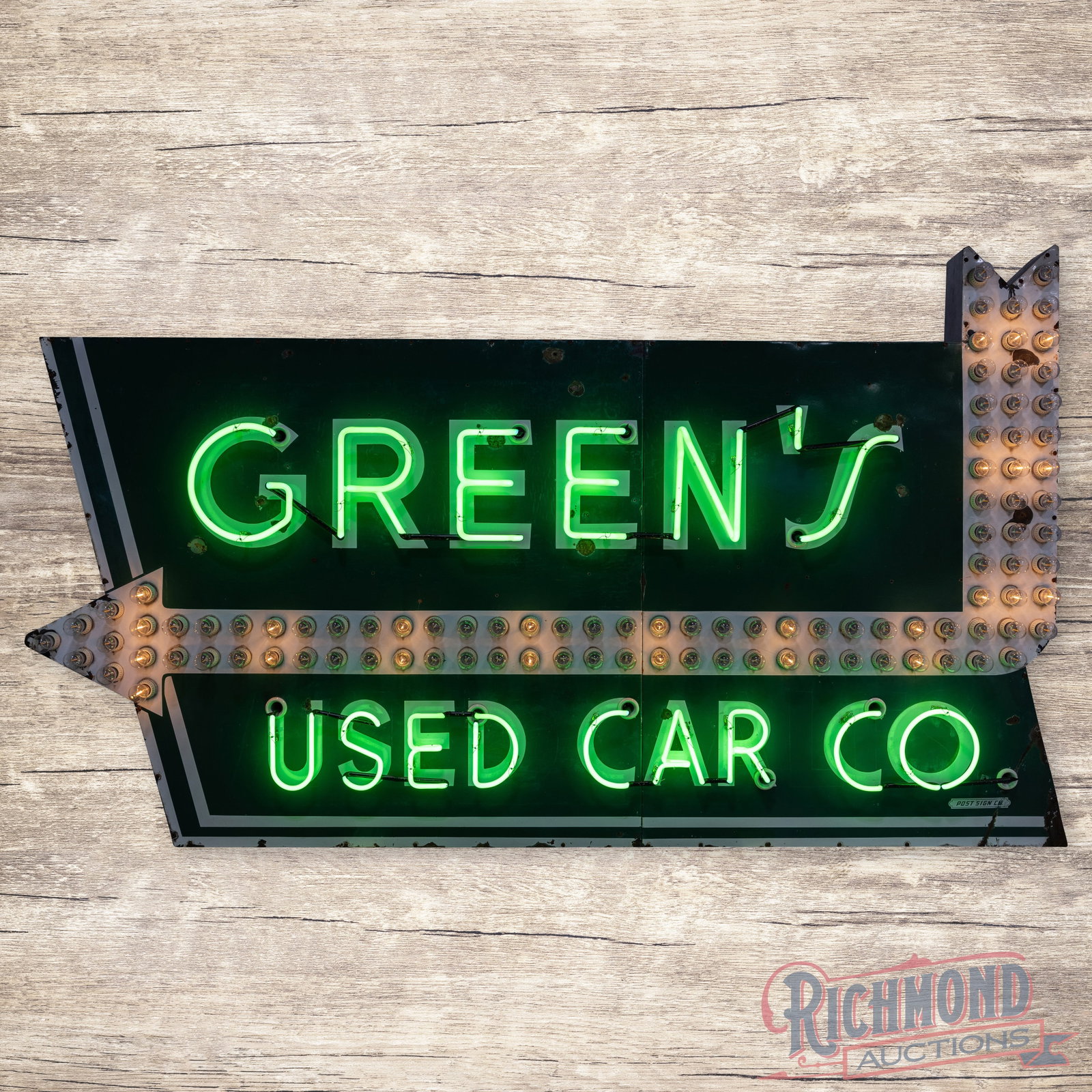 Green's Used Car Company Single Sided Porcelain Factory Neon Sign w/ Chaser Bulb Arrow (1 of 4)